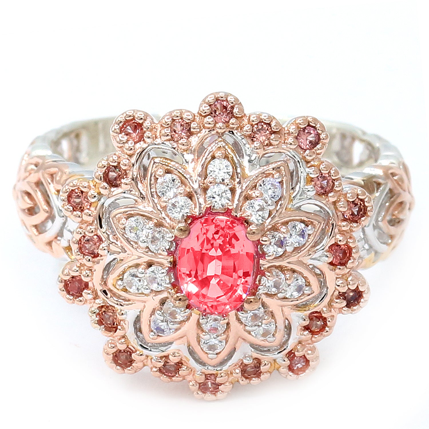 Gems en Vogue 1.82ctw Oval Padparadscha Sapphire & White Zircon Ring