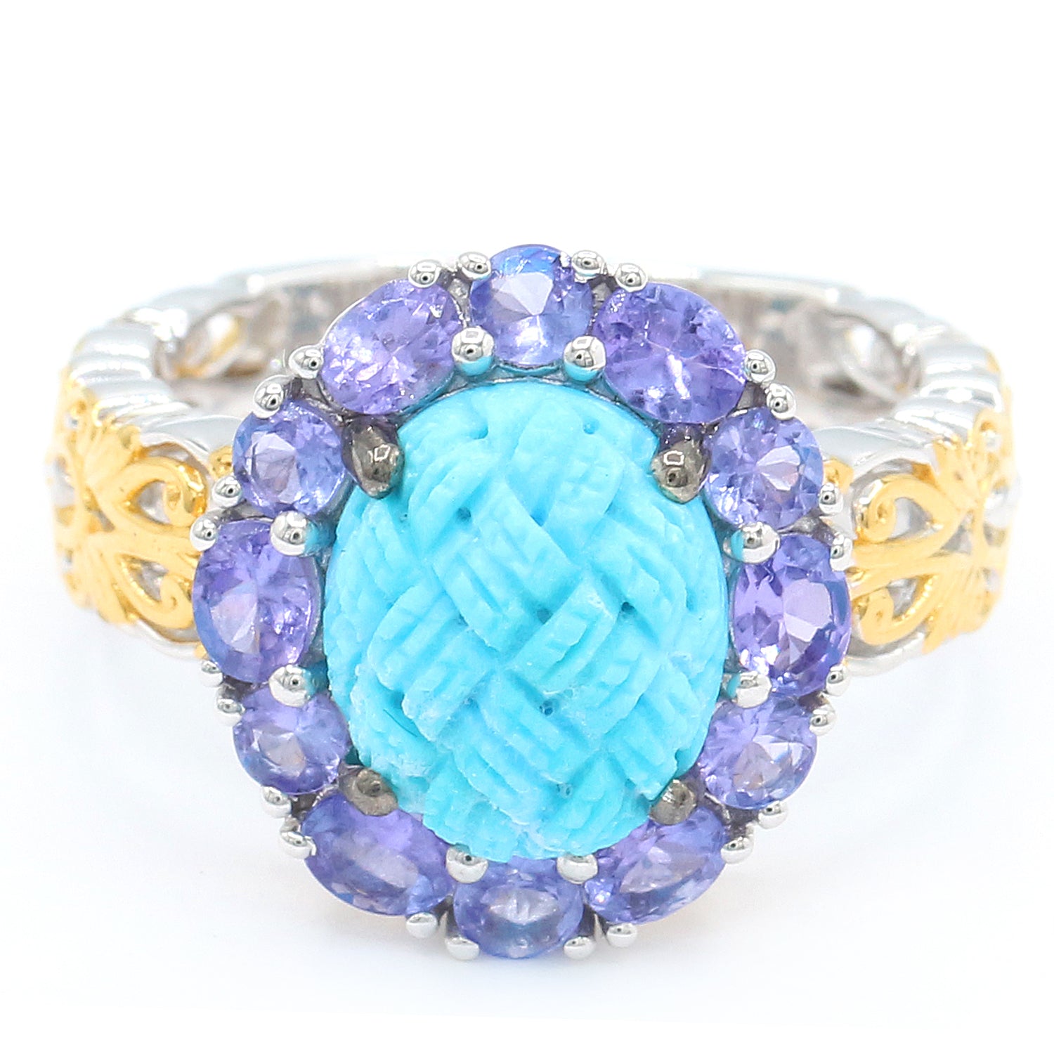 Gems en Vogue One-of-a-Kind Carved Kingman Turquoise Cameo & Tanzanite Halo Ring