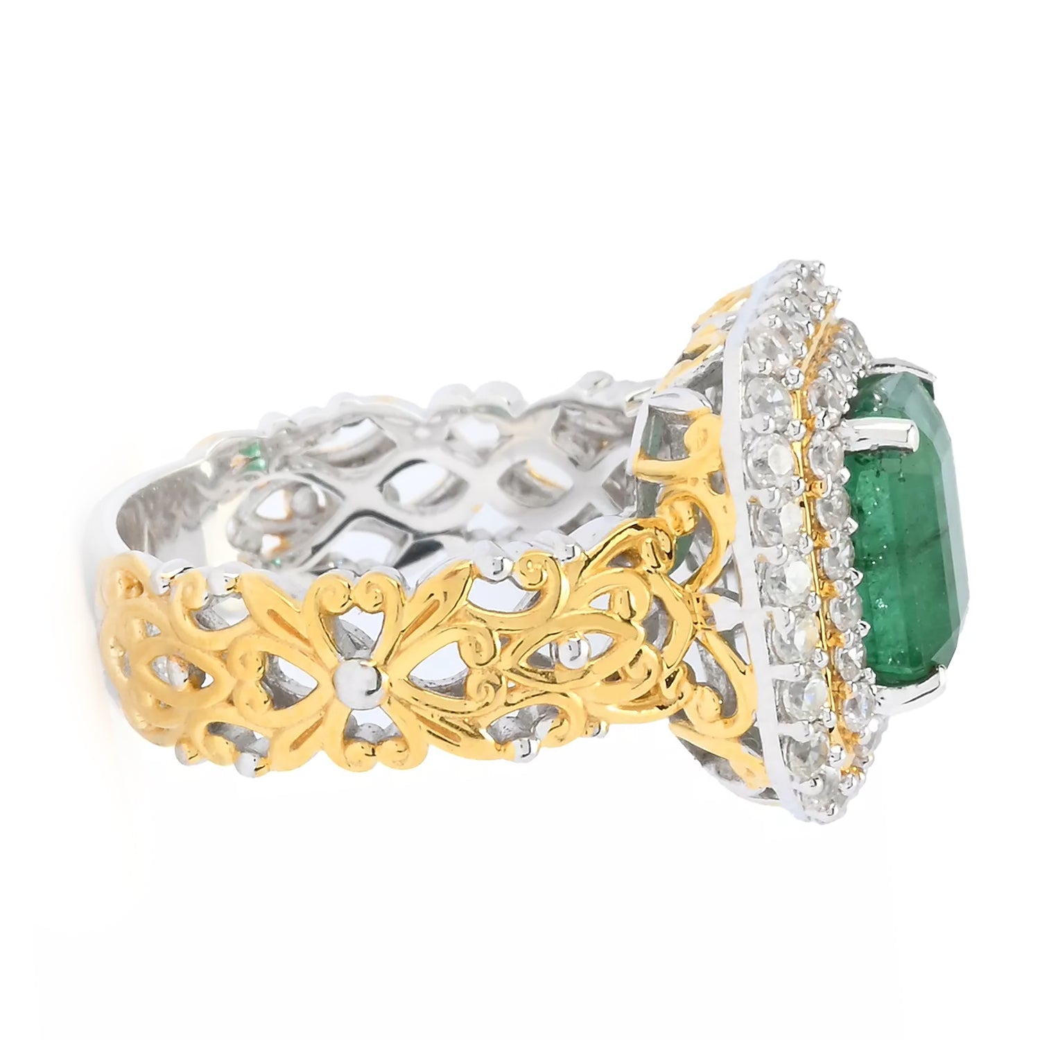 Gems en Vogue 3.57ctw Grizzly Emerald & White Zircon Double Halo Ring