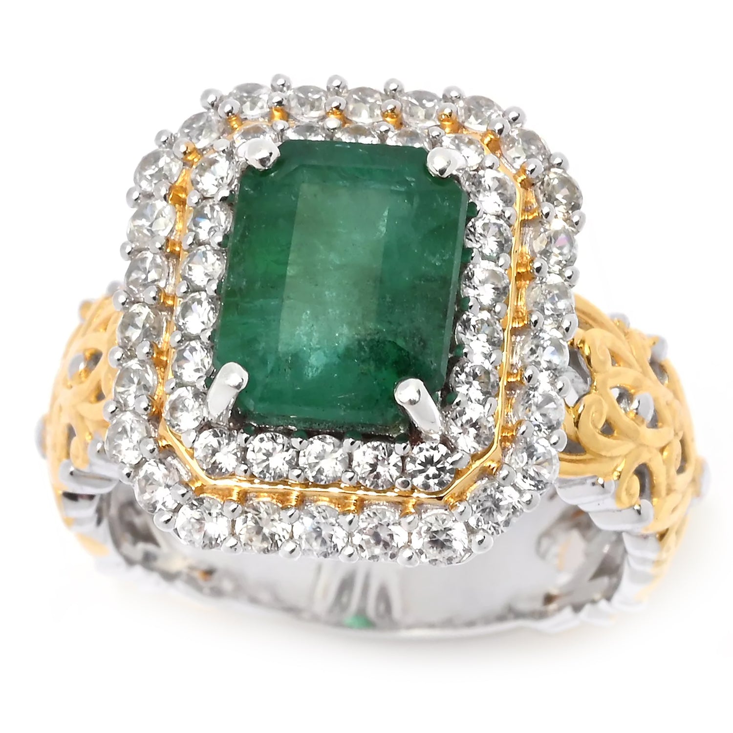 Gems en Vogue 3.57ctw Grizzly Emerald & White Zircon Double Halo Ring