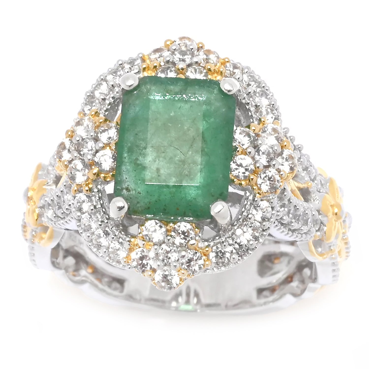 Gems en Vogue 3.08ctw Grizzly Emerald & White Zircon Flower Ring