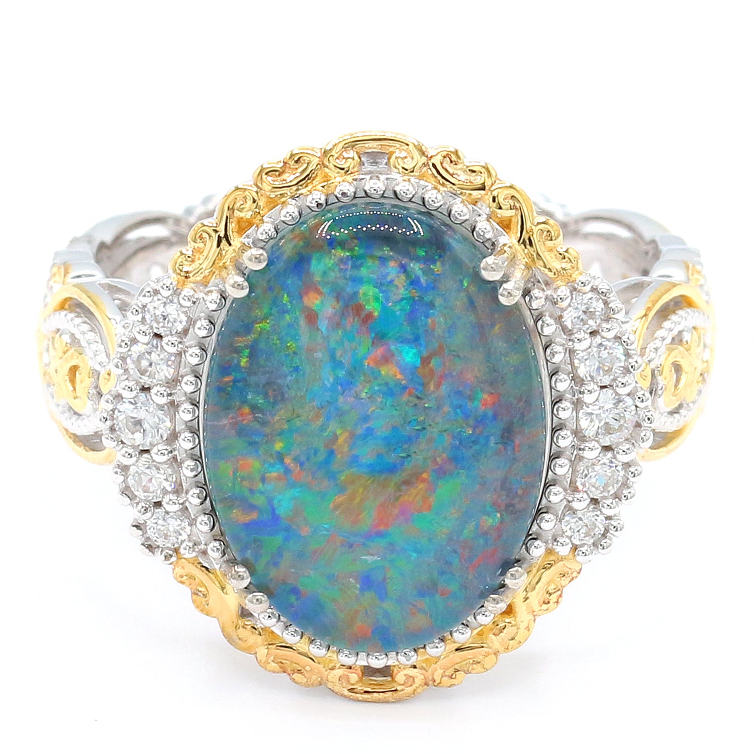 Gems en Vogue Australian Opal Triplet & White Zircon Ring