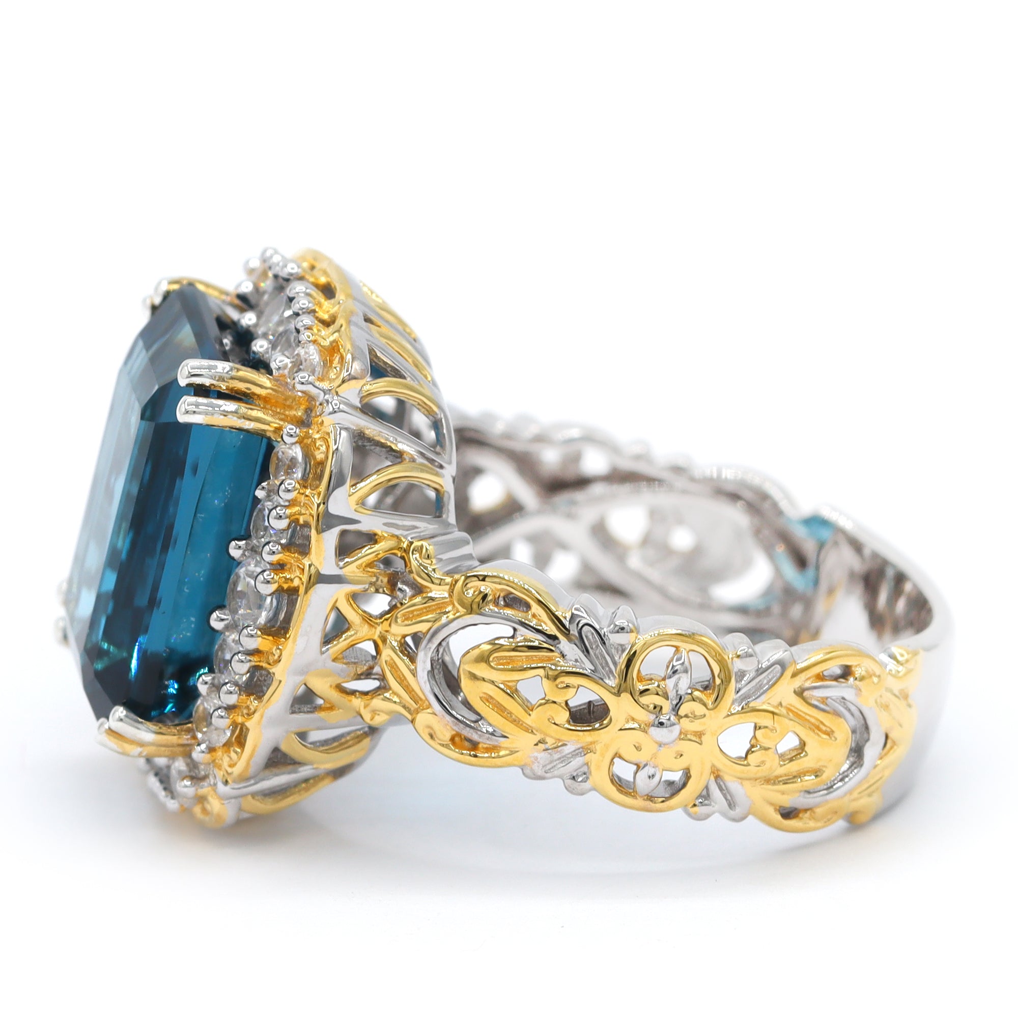 Gems en Vogue One-of-a-Kind 24K Palladium Silver 10.08ctw London Blue Topaz & White Zircon Halo Ring