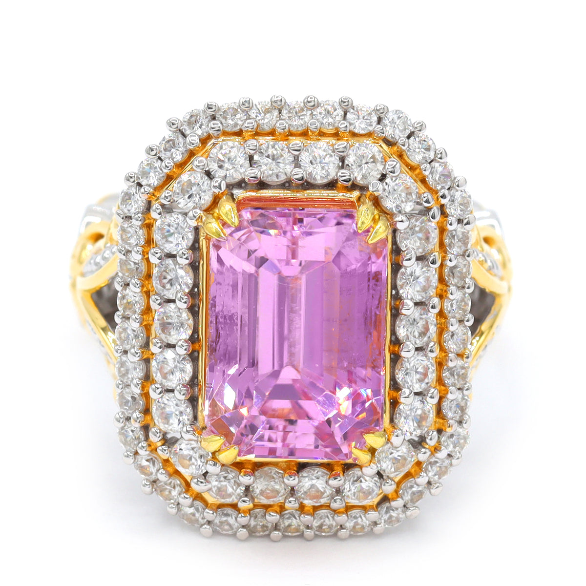 Bague auréole Gems en Vogue modèle unique en argent palladié 24K avec kunzite pastel de 4,72 ct au total et zircons blancs