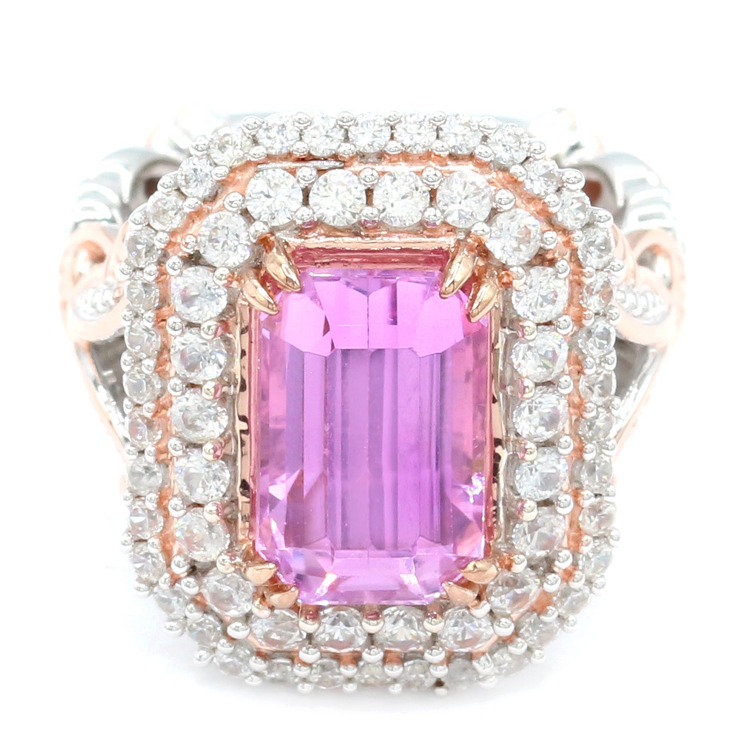 Limited Edition Gems en Vogue Luxe One-of-a-Kind 9.24ctw Kunzite & White Zircon Double Halo Ring