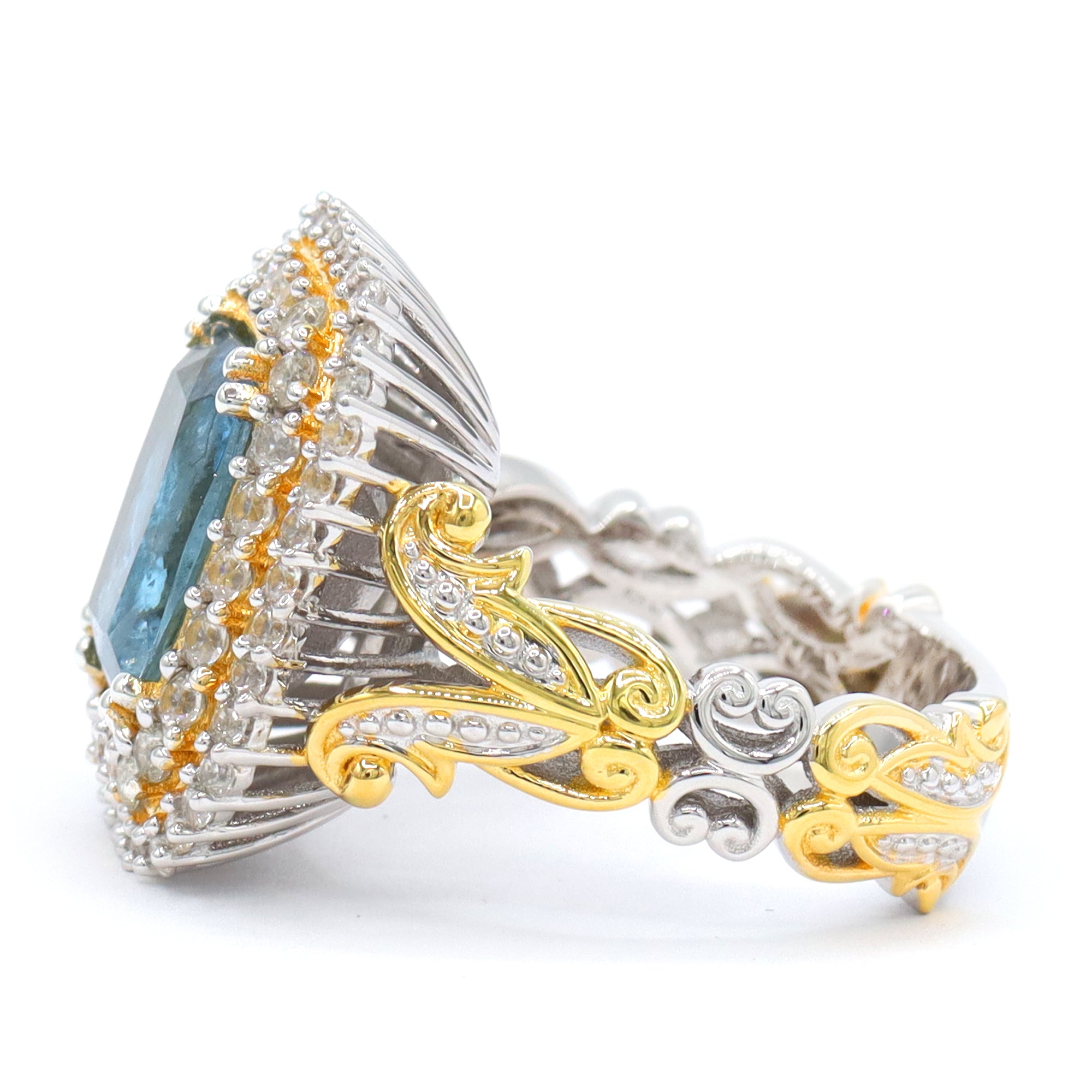 Couture Gems One-of-a-Kind 24K Palladium Silver 5.83ctw Tanzanian Aquamarine & White Zircon Double Halo Ring