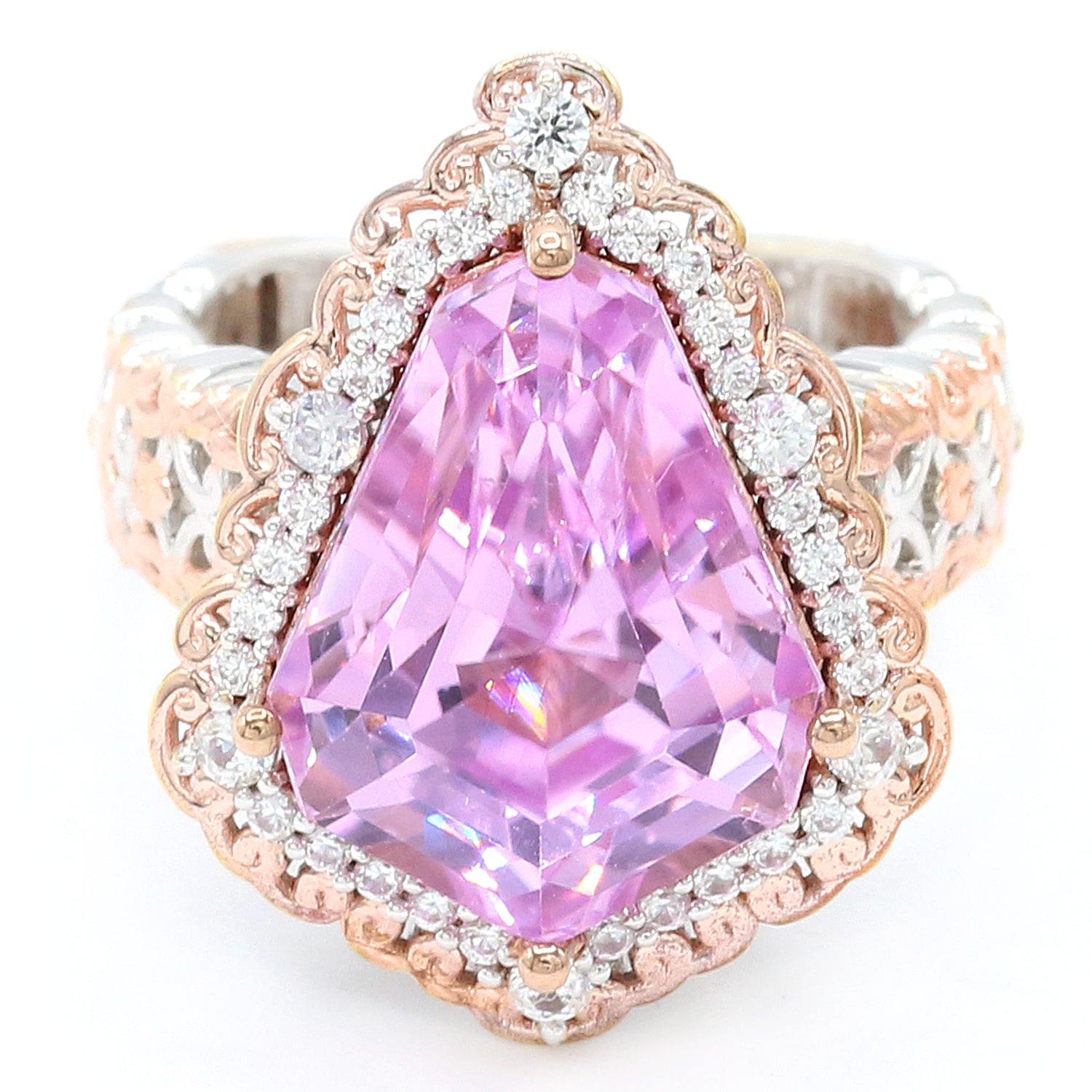 Limited Edition Gems en Vogue Luxe One-of-a-Kind 14.94ctw Shield Cut Kunzite & White Zircon Halo Ring