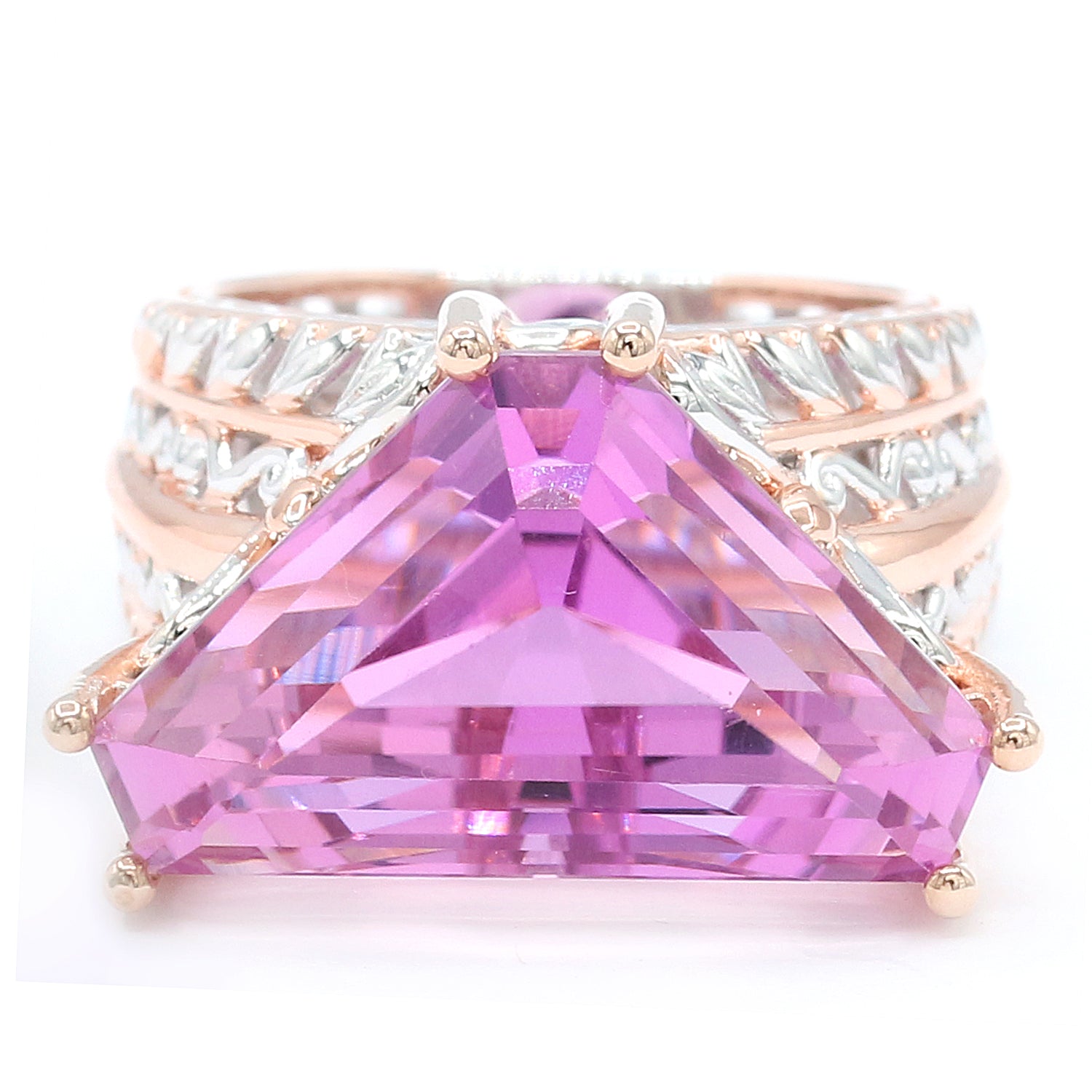 Limited Edition Gems en Vogue Luxe One-of-a-Kind 25.65ctw Shield Cut Kunzite & White Zircon Ring