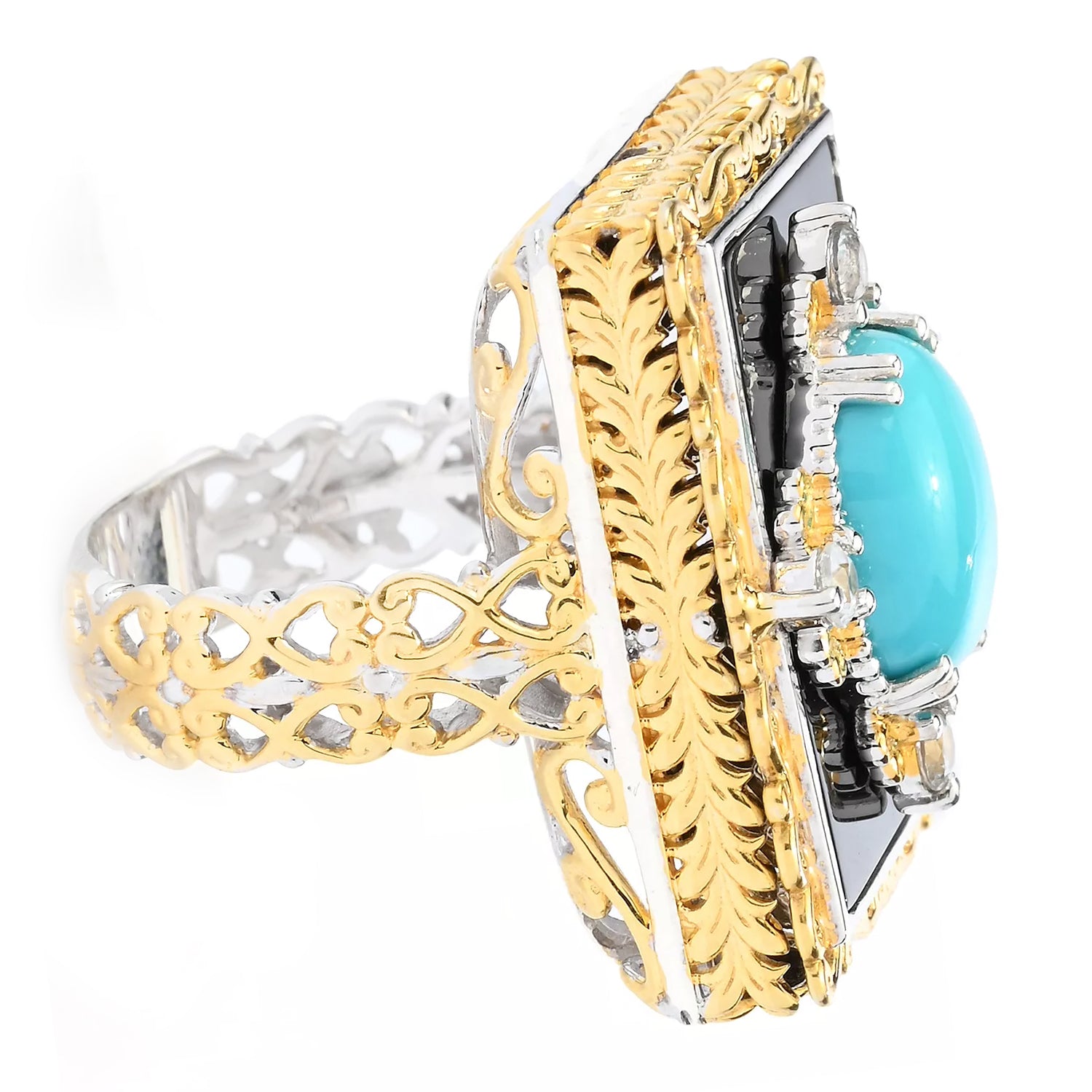 Gems en Vogue Sleeping Beauty Turquoise, Black Onyx & White Zircon Locket Ring