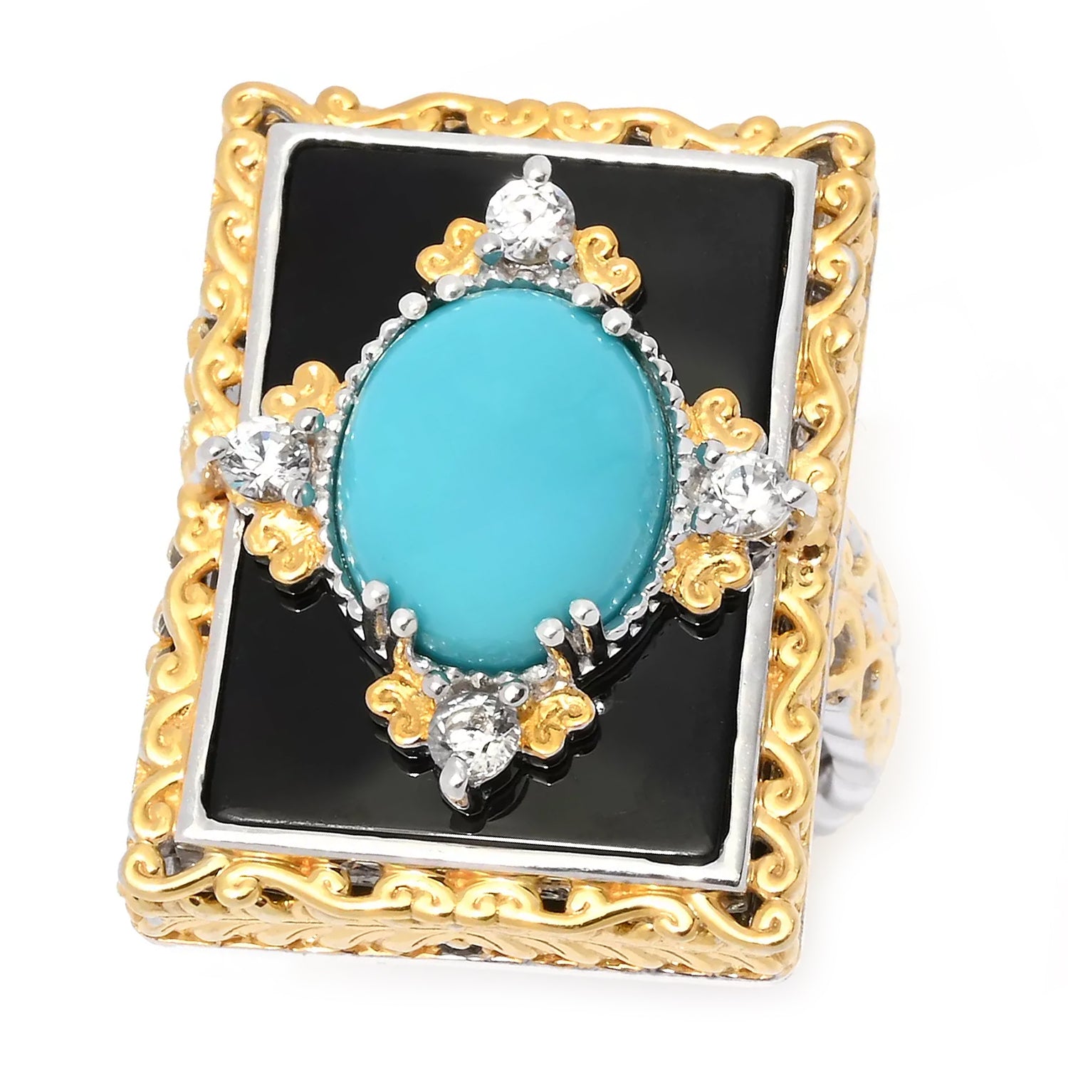 Gems en Vogue Sleeping Beauty Turquoise, Black Onyx & White Zircon Locket Ring