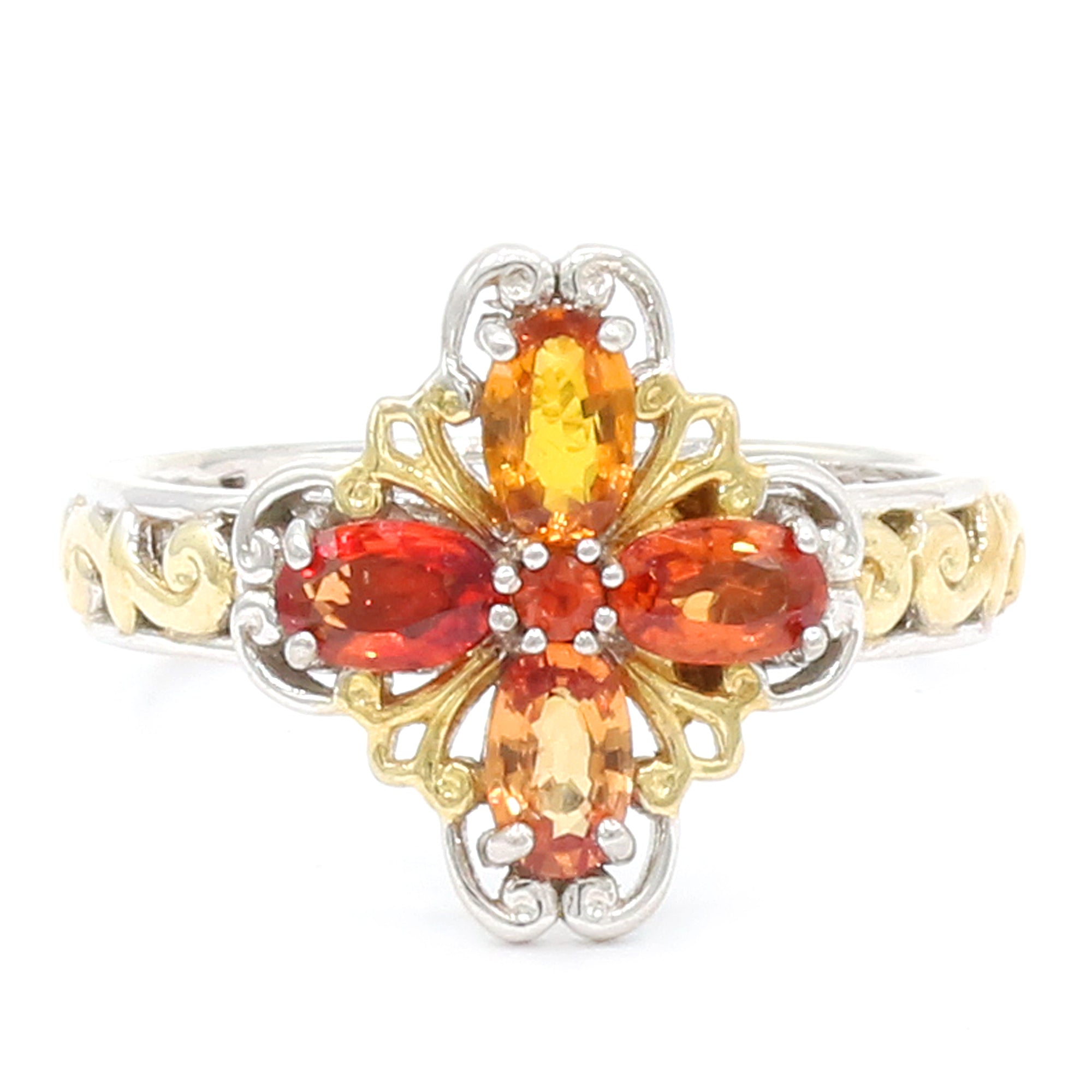 Gems en Vogue 24K Palladium Silver 1.45ctw Red & Orange Sapphire Cluster Ring CANNOT BE RESIZED