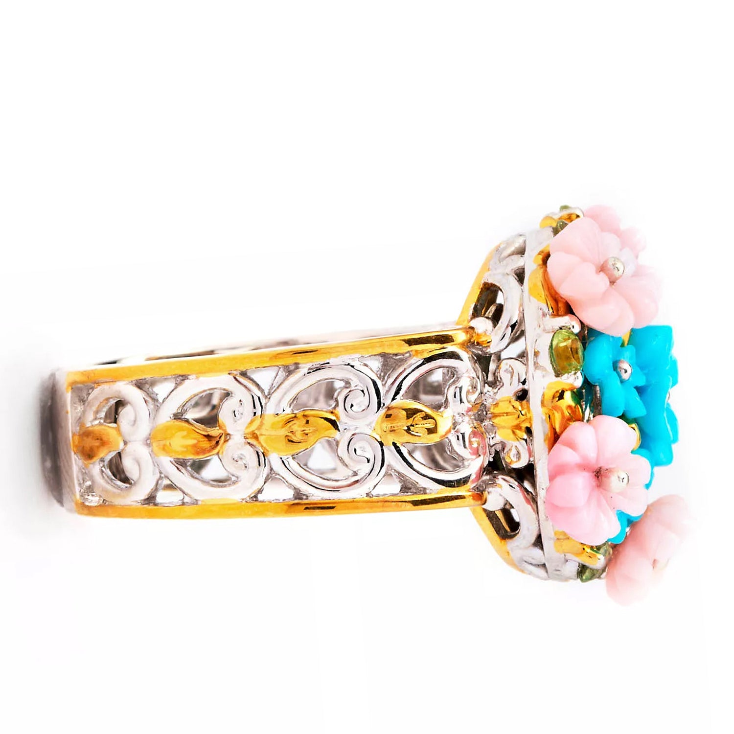 Gems en Vogue Sleeping Beauty Turquoise, Pink Shell & Peridot Carved Flower Ring