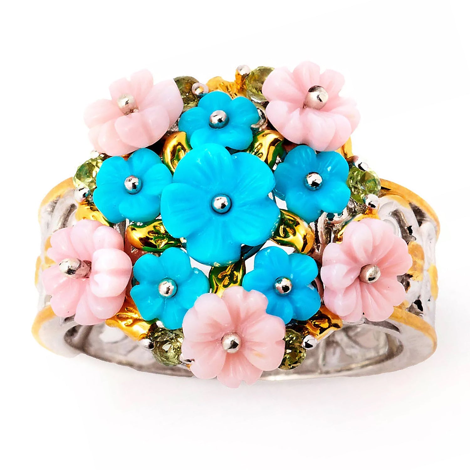 Gems en Vogue Sleeping Beauty Turquoise, Pink Shell & Peridot Carved Flower Ring