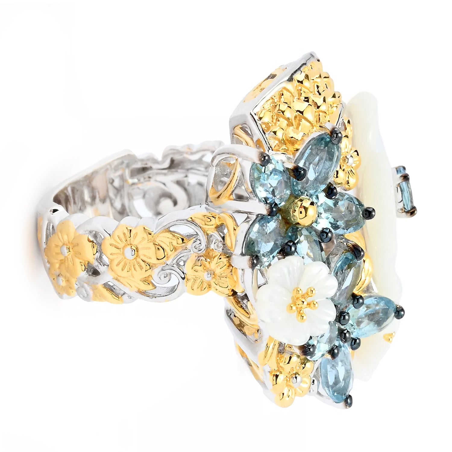 Gems en Vogue 1.76ctw Santa Maria Aquamarine & Mother-of-Pearl Flower Basket Ring