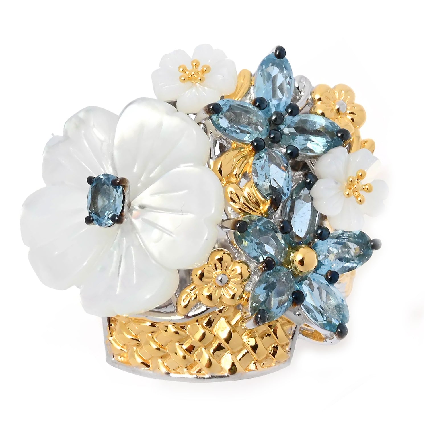 Gems en Vogue 1.76ctw Santa Maria Aquamarine & Mother-of-Pearl Flower Basket Ring