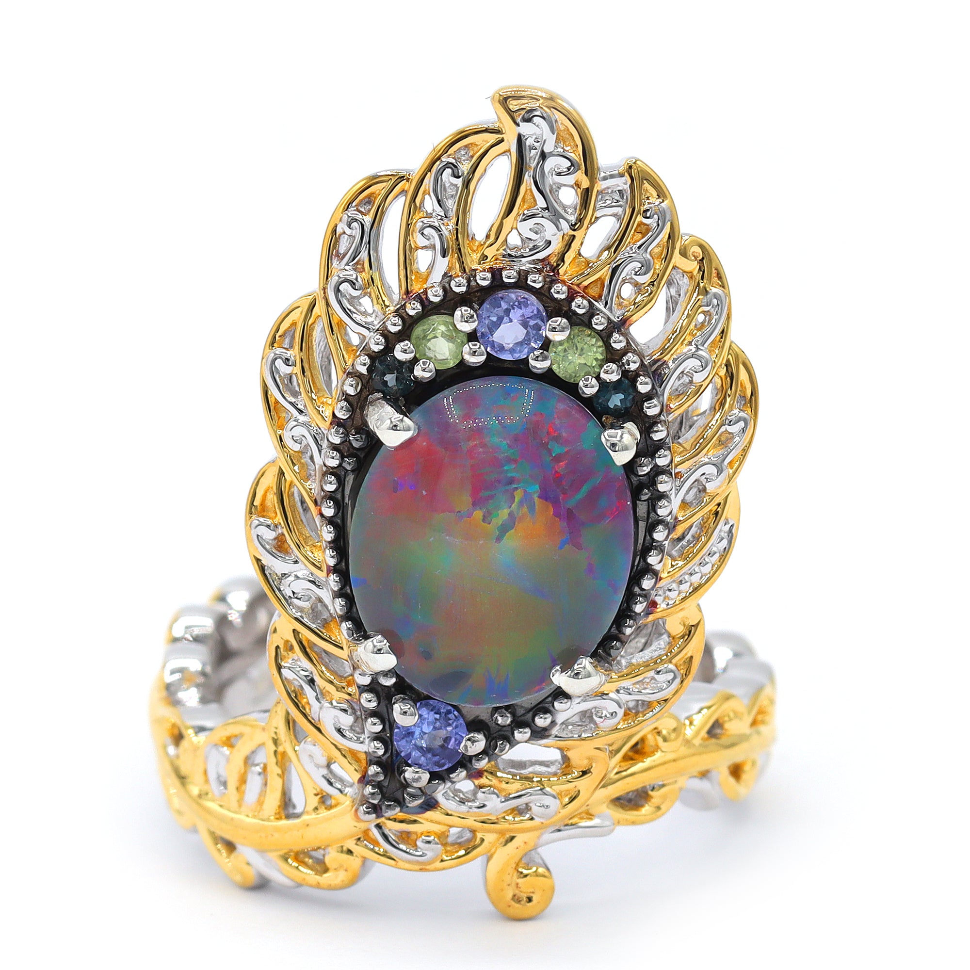 Gems en Vogue 24K Palladium Silver Australian Opal Triplet & Multi Gemstones Peacock Ring