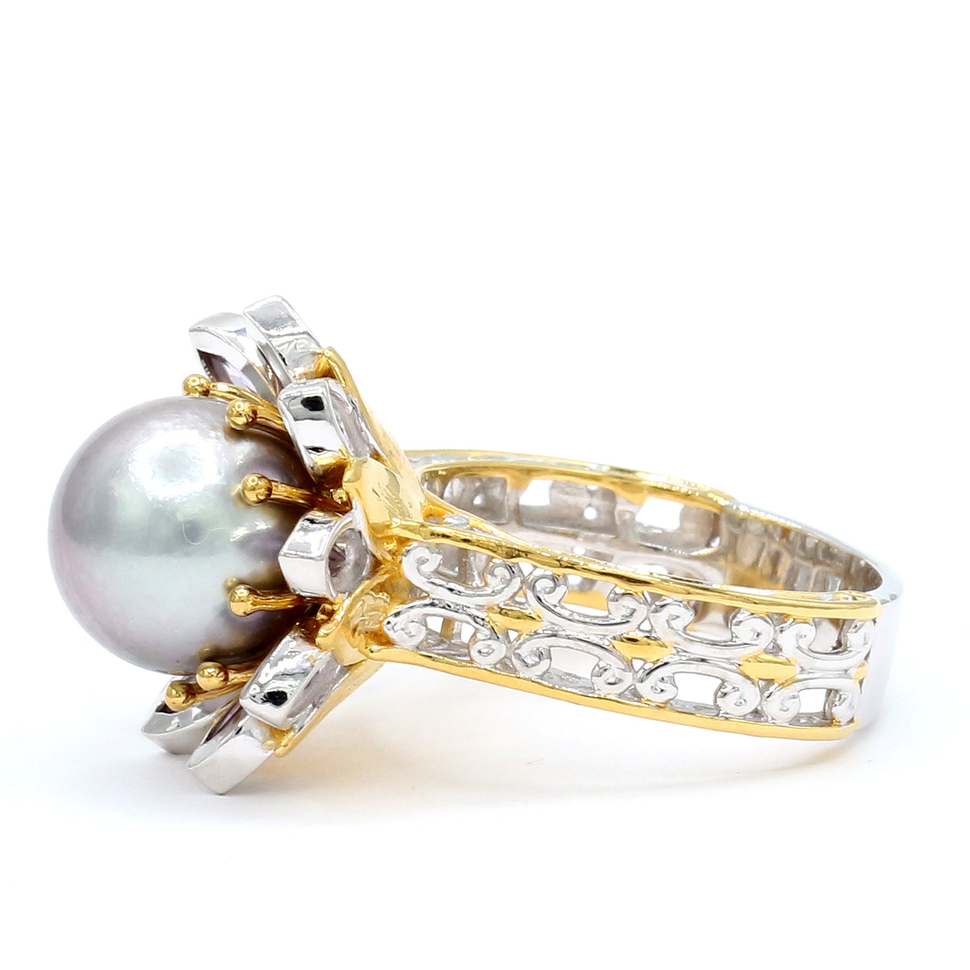 Gems en Vogue One-of-a-Kind 24K Palladium Silver Tahitian Pearl & Amethyst Ring