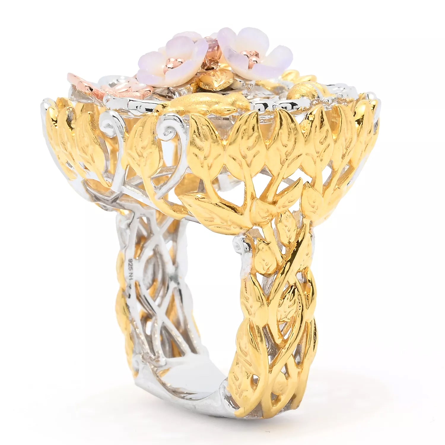 Gems en Vogue Carved Mother-of-Pearl Carved Flower & Amethyst Spinner Ring