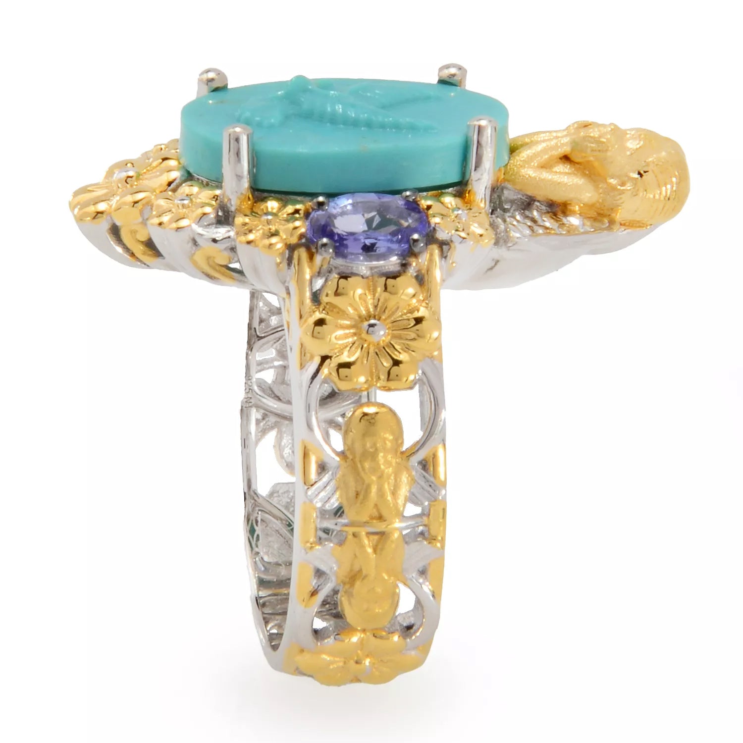 Gems en Vogue Sleeping Beauty Turquoise Cameo & Tanzanite Angel Flower Ring