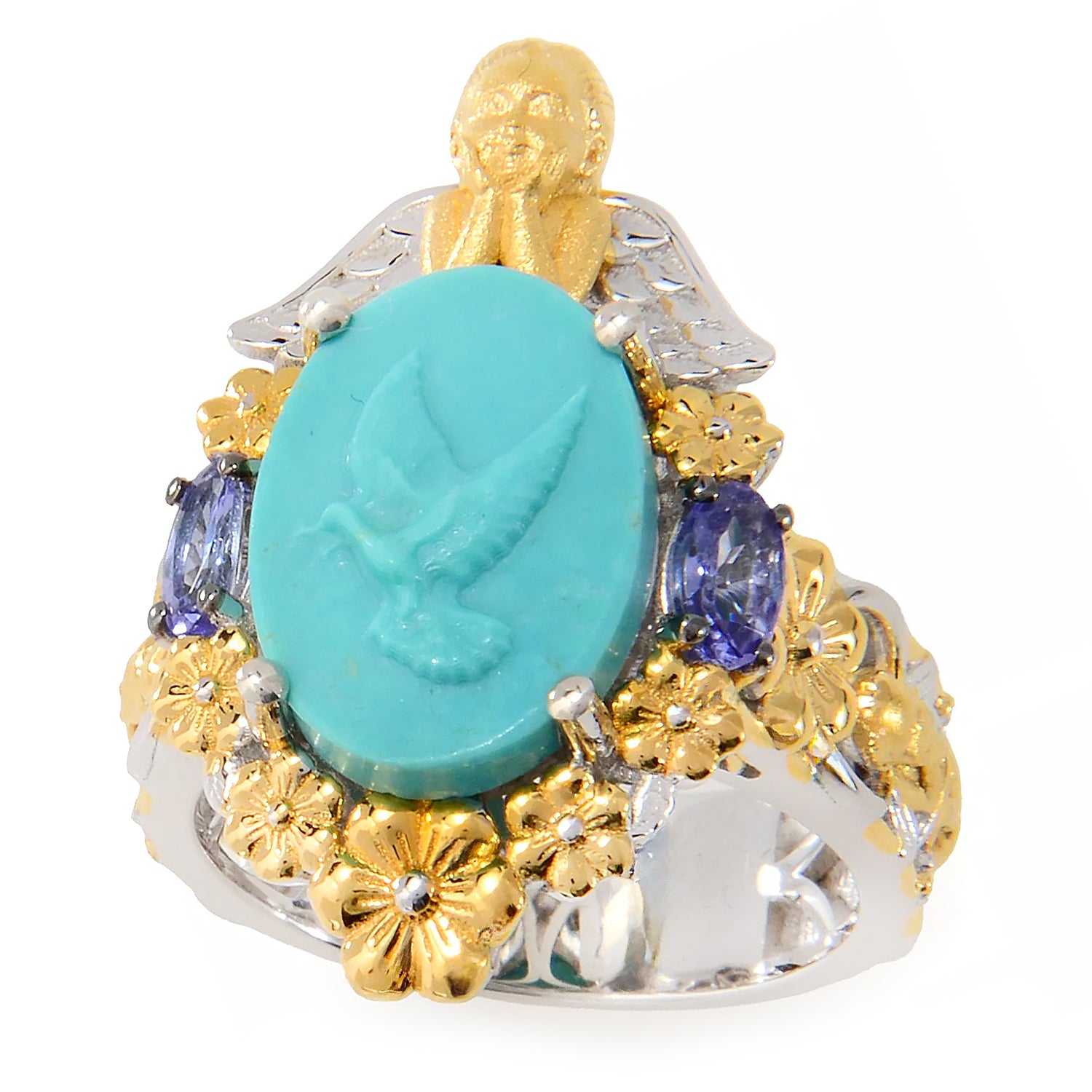 Gems en Vogue Sleeping Beauty Turquoise Cameo & Tanzanite Angel Flower Ring