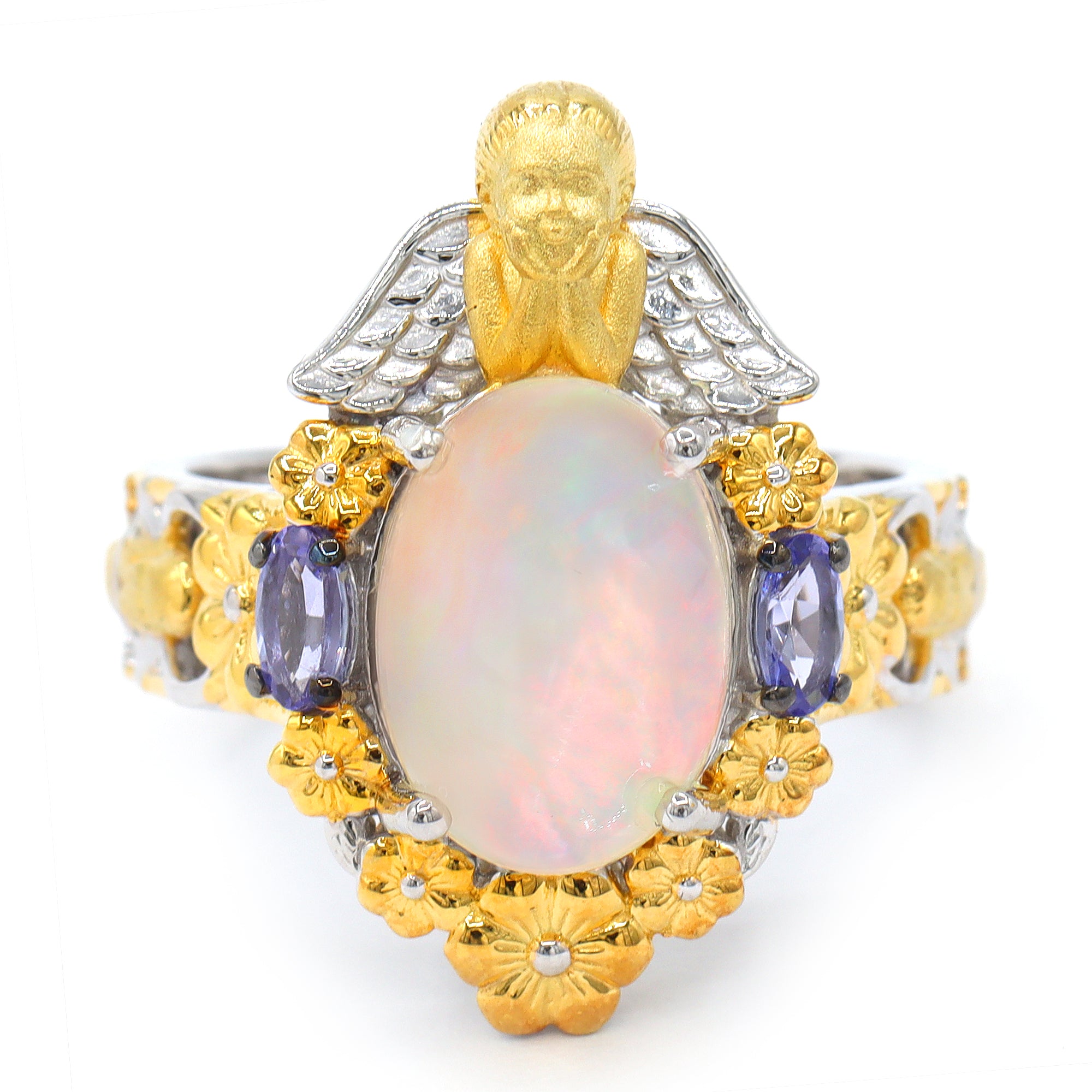 Gems en Vogue One-of-a-Kind 24K Palladium Silver Ethiopian Opal & Tanzanite Angel & Flower Ring
