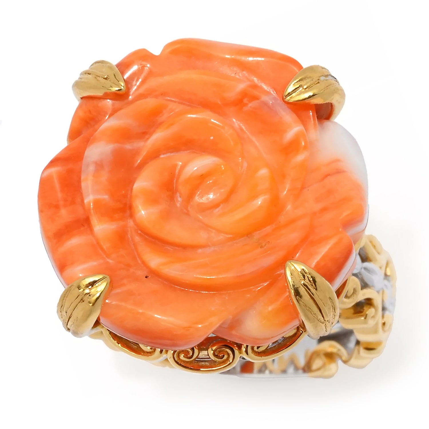 Gems en Vogue Carved Orange Spiny Oyster Flower Spinner Ring