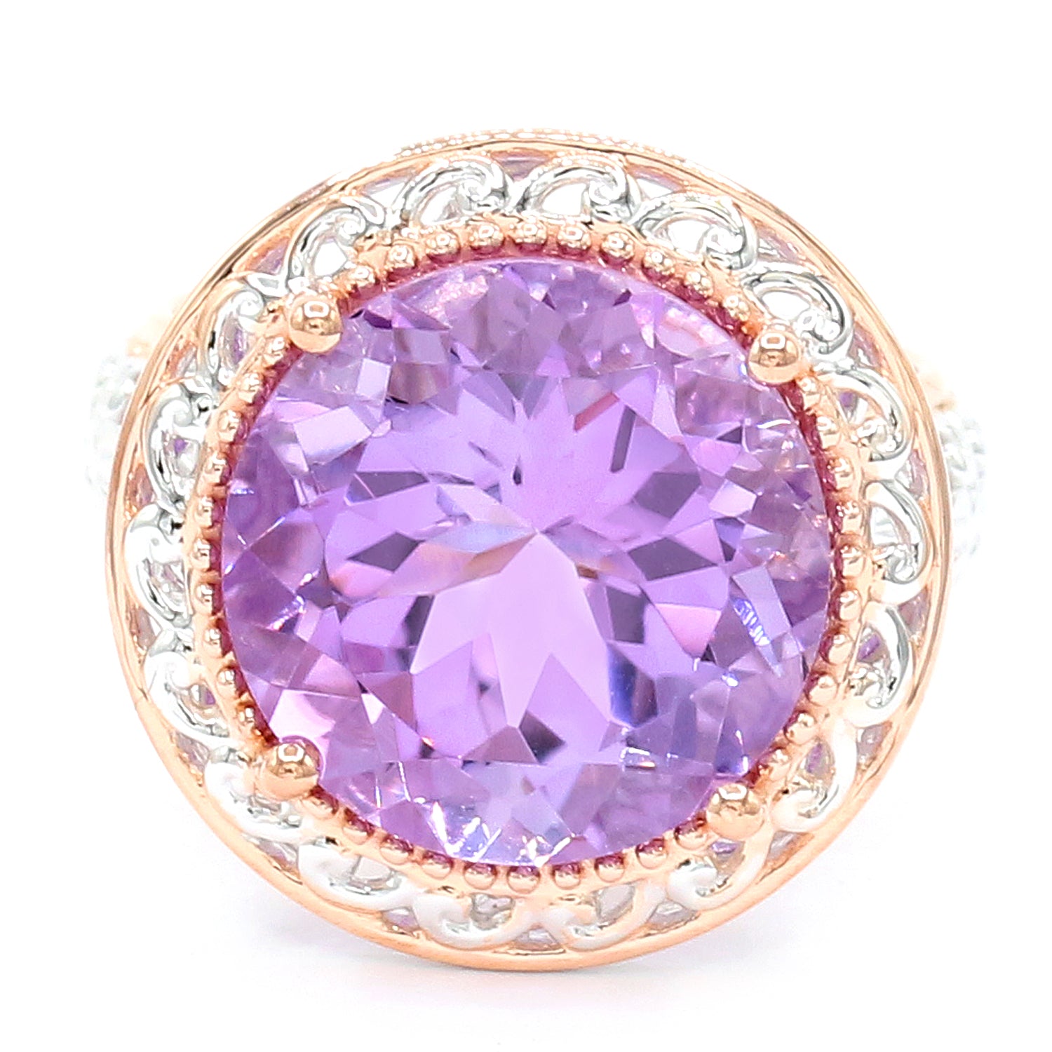 Bague Gems en Vogue en argent rhodié 18K, améthyste rose taille coussin de 4,03 carats et zircons blancs