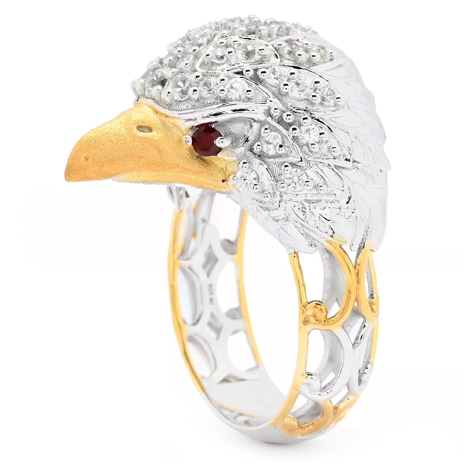 Gems en Vogue 1.30ctw White Zircon & Garnet Eagle Head Ring