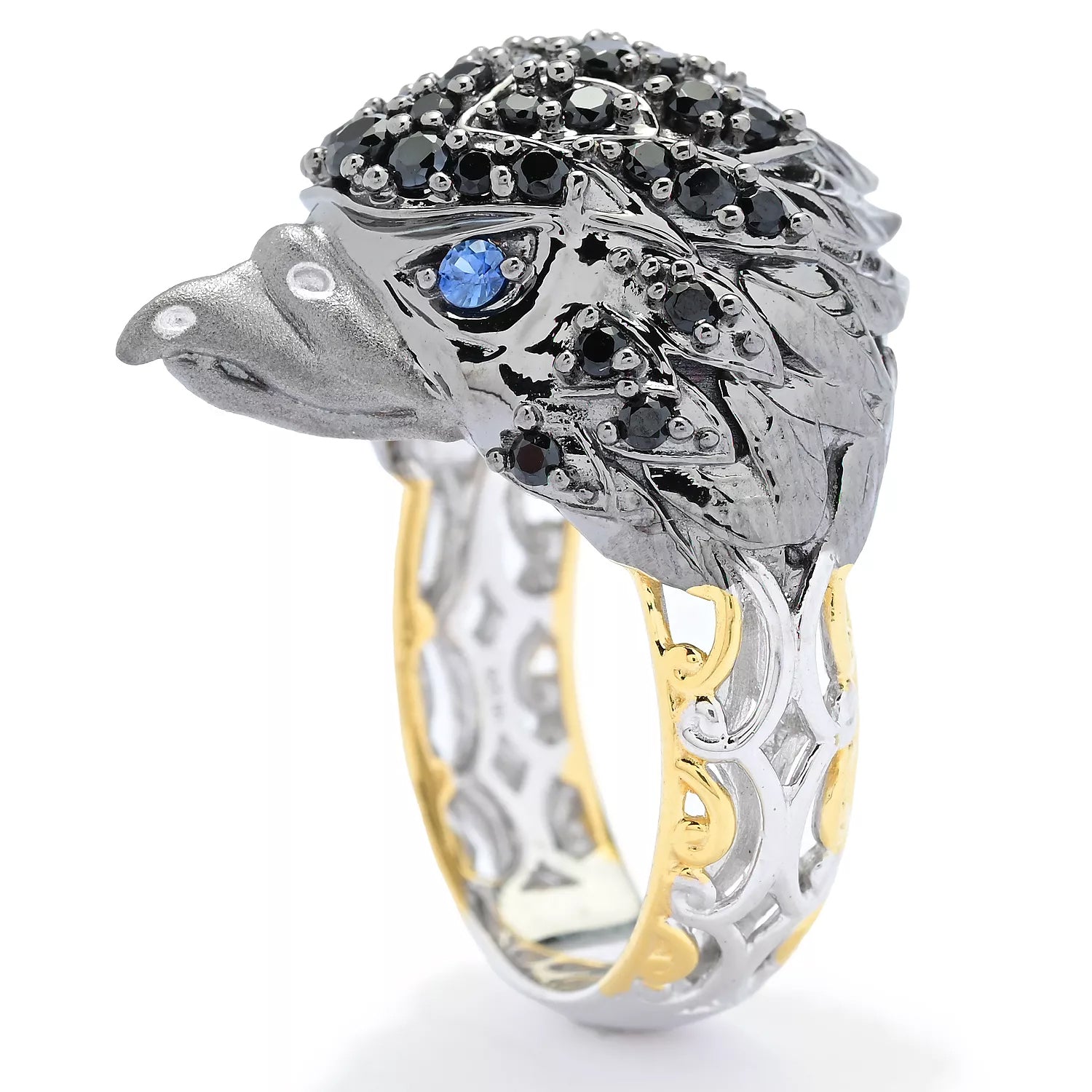 Gems en Vogue 0.90ctw Black Spinel & Blue Sapphire Eagle Head Ring