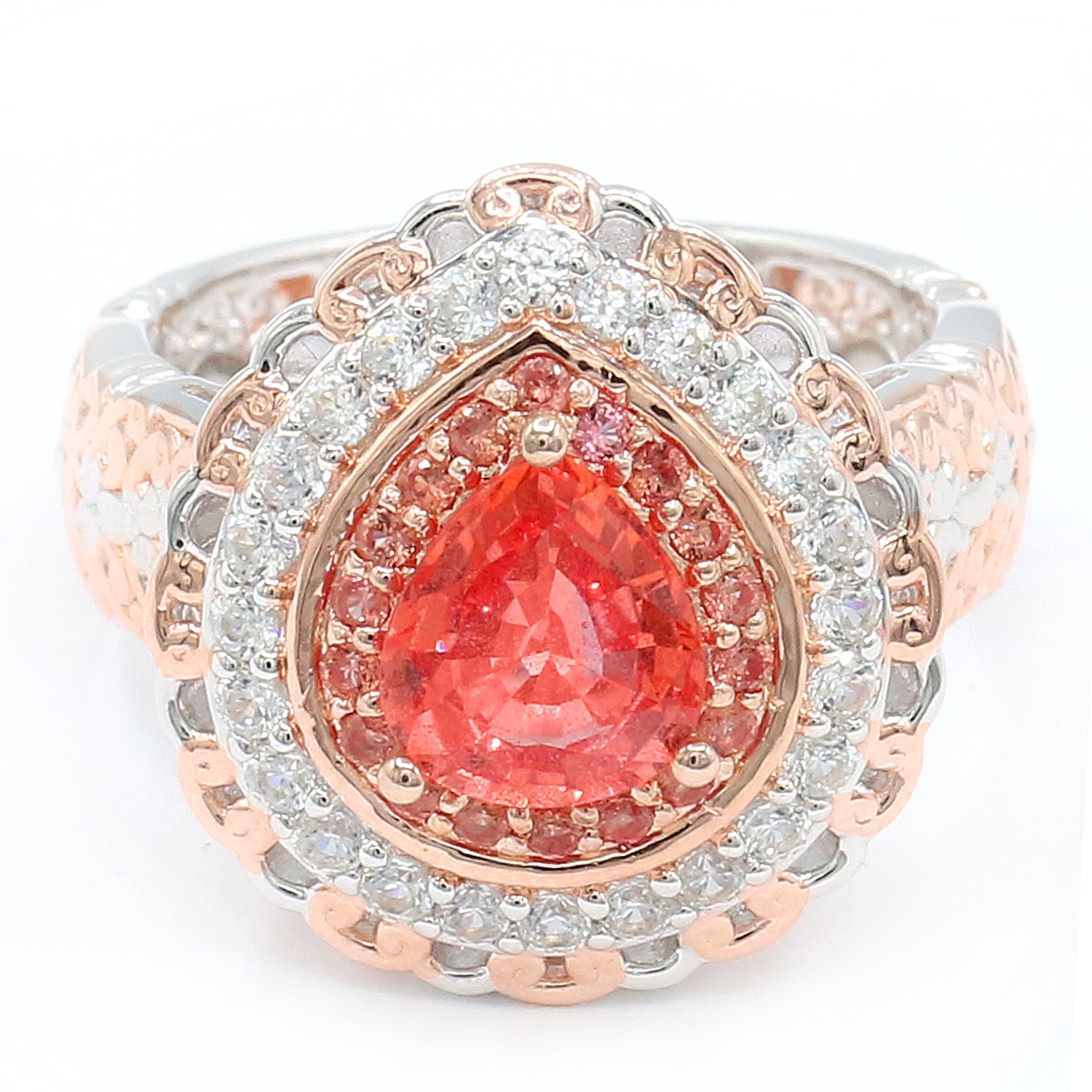 Limited Edition Gems en Vogue Luxe, One-of-a-Kind 3.02ctw Padparadscha Sapphire & White Zircon Double Halo Ring