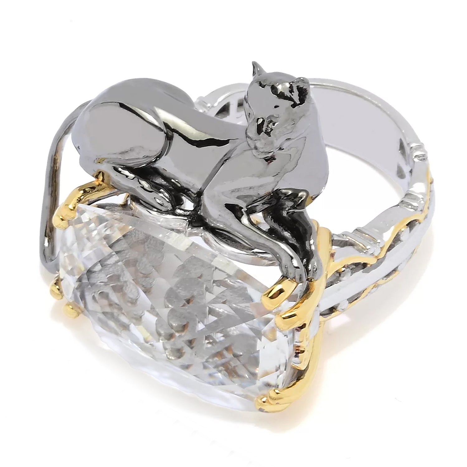 Gems en Vogue 13.98ctw Cushion Shape Clear Quartz Panther Ring