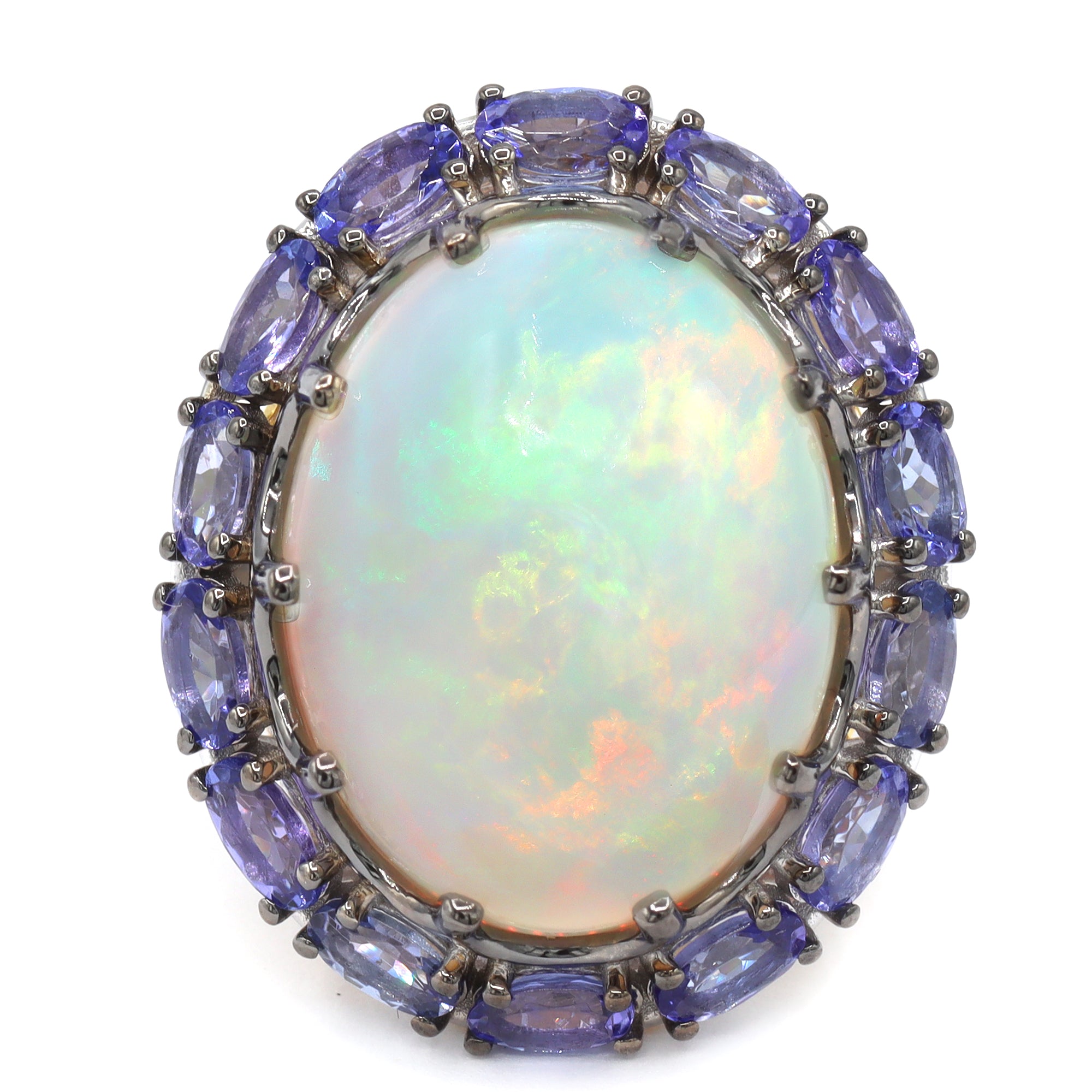 Couture Gems One-of-a-Kind 24K Palladium Silver 19.42ctw White Ethiopian Opal & Tanzanite Halo Ring
