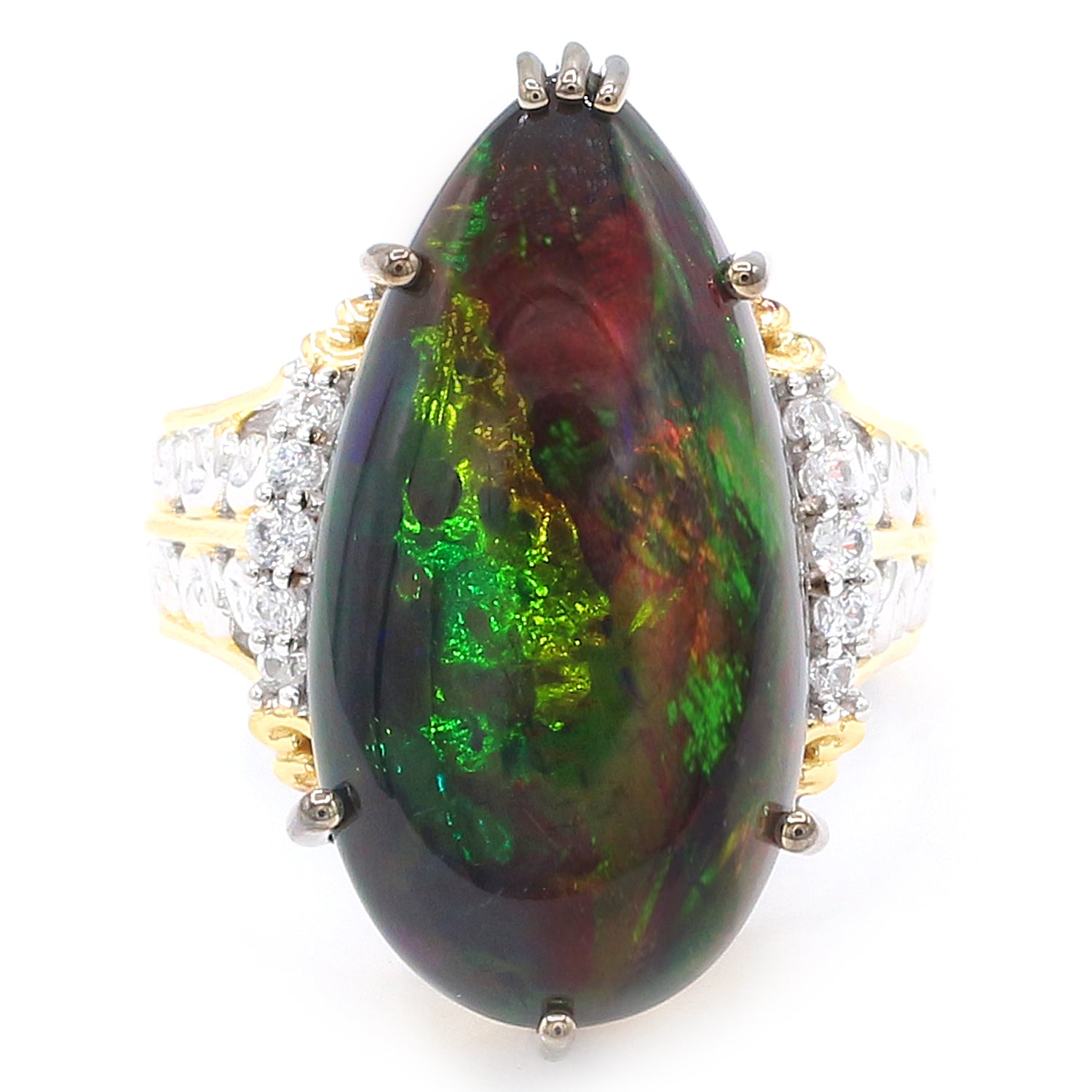 Limited Edition Gems en Vogue Luxe, One-of-a-Kind 14.60ctw Black Ethiopian Opal & White Zircon Ring