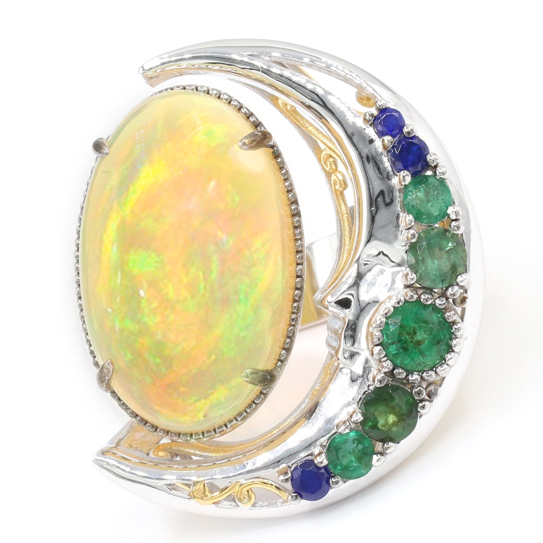 Limited Edition Gems en Vogue Luxe, One-of-a-Kind 17.22ctw Ethiopian Opal, Cobalt Blue Spinel & Emerald Moon Ring