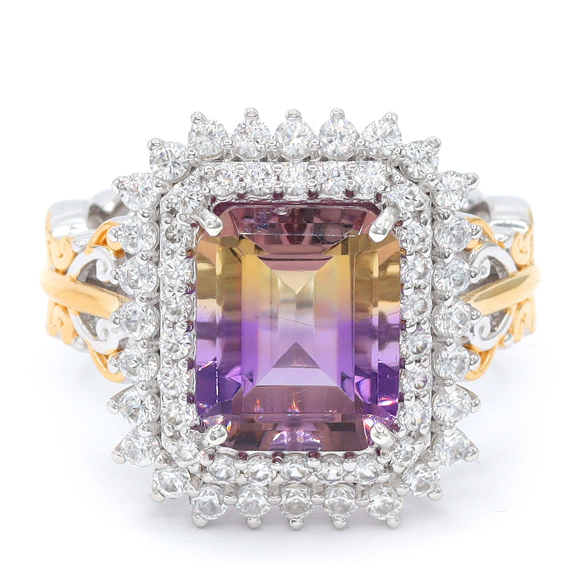 Gems en Vogue One-of-a-Kind 24K Palladium Silver 6.45ctw Ametrine & White Zircon Double Halo Ring