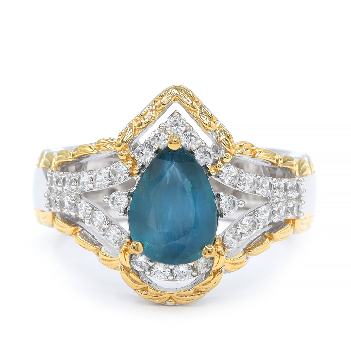 Gems en Vogue 24K Palladium Silver 2.61ctw Teal Kyanite & White Zircon Ring