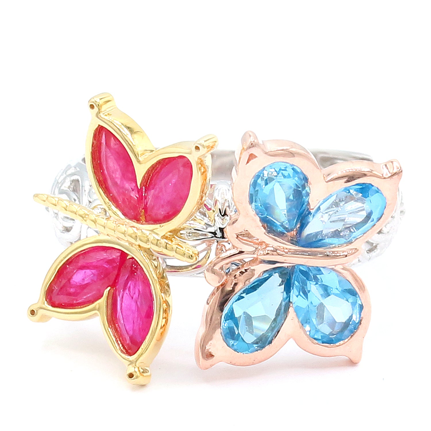 Gems en Vogue 3.28ctw Ruby & Swiss Blue Topaz Butterfly Ring