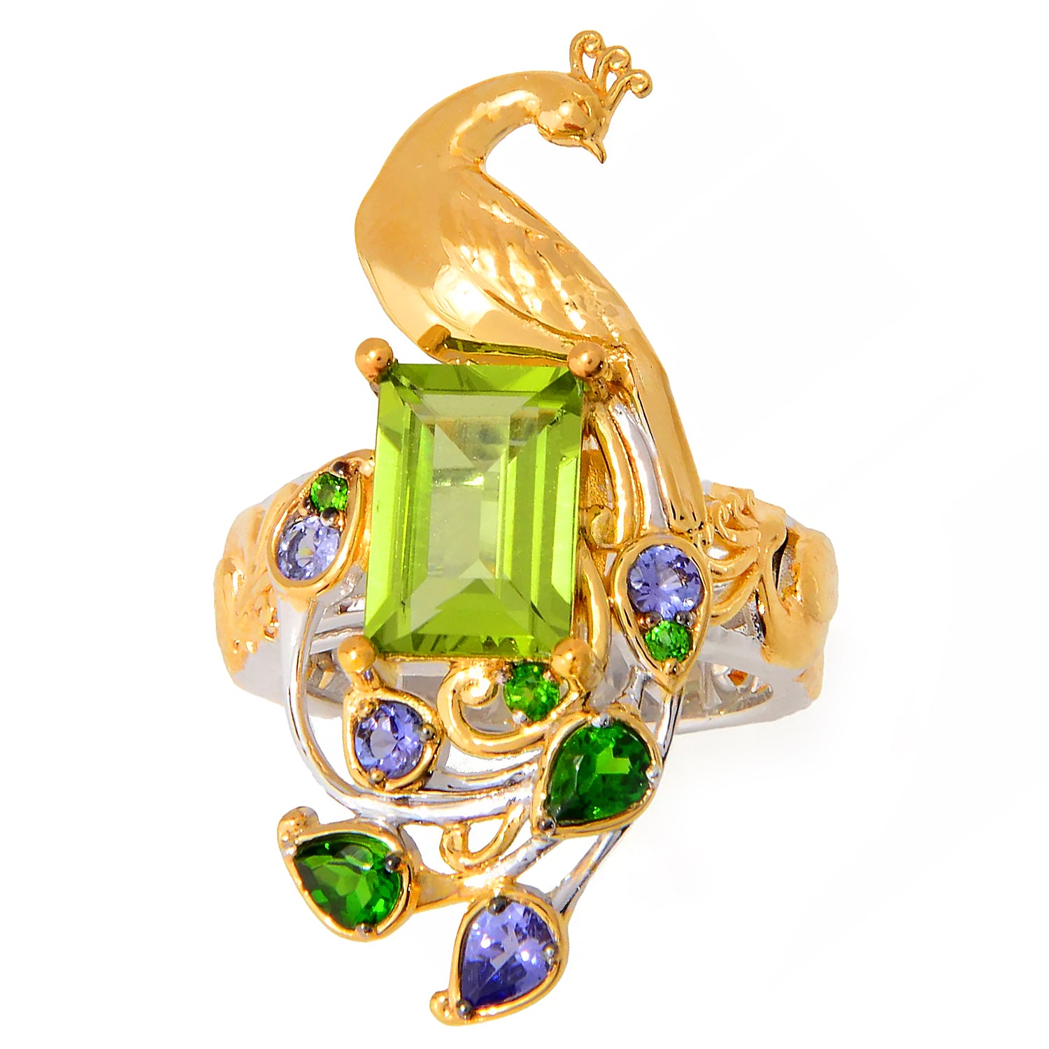 Gems en Vogue 3.20ctw Peridot, Chrome Diopside & Tanzanite Peacock Ring