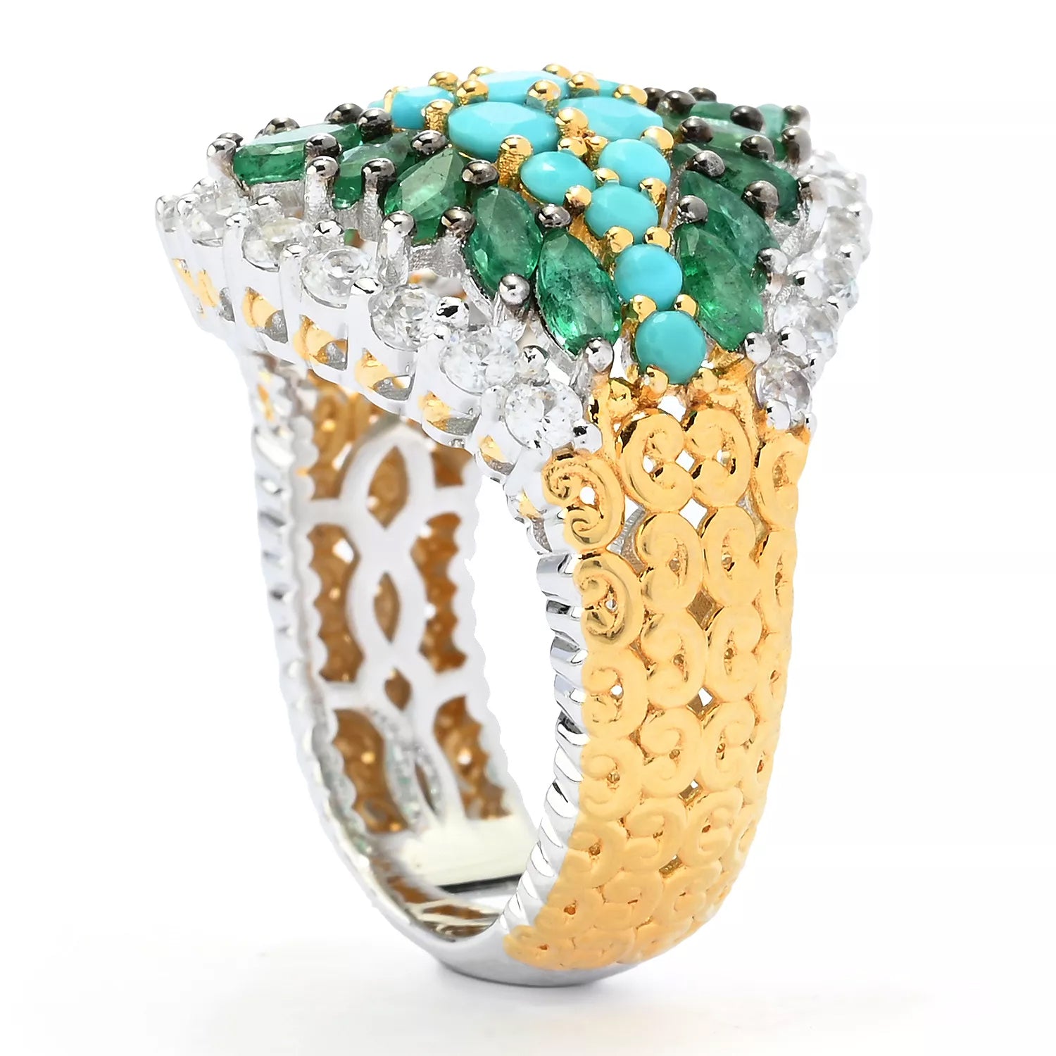 Gems en Vogue 3.37ctw Faceted Turquoise & Grizzly Emerald Multi Gemstones Ring
