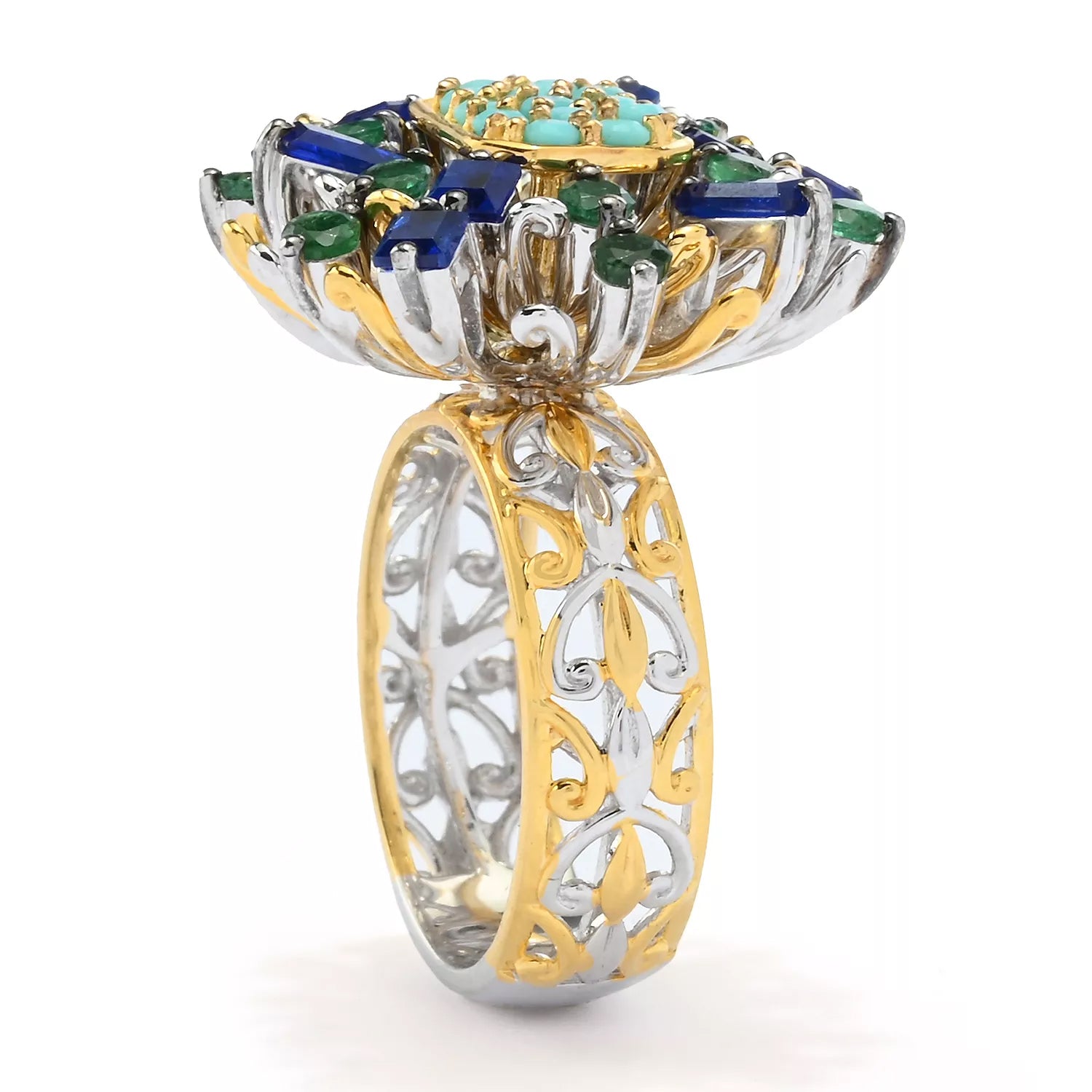 Gems en Vogue 1.83ctw Cobalt Blue Spinel, Grizzly Emerald & Turquoise Ring