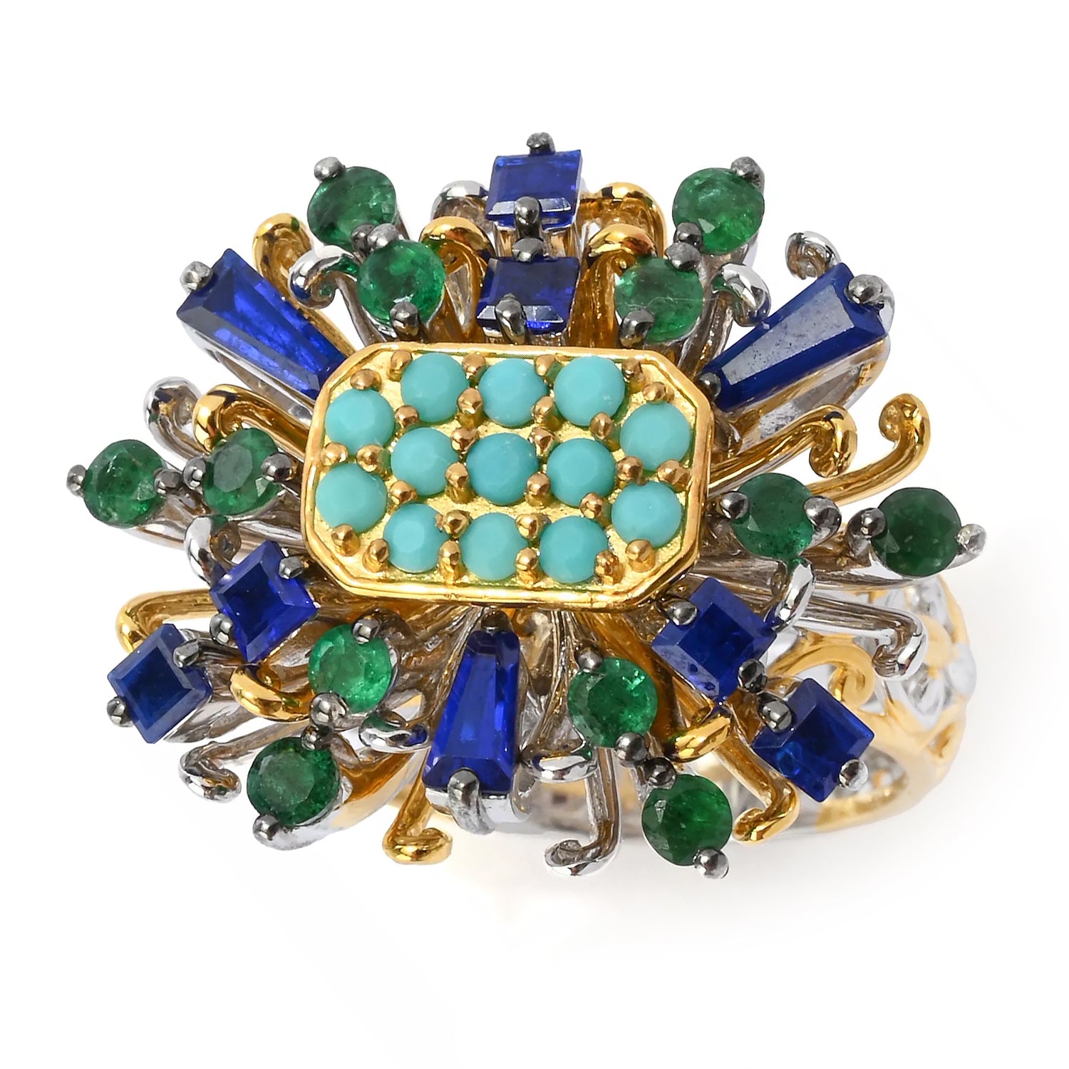 Gems en Vogue 1.83ctw Cobalt Blue Spinel, Grizzly Emerald & Turquoise Ring