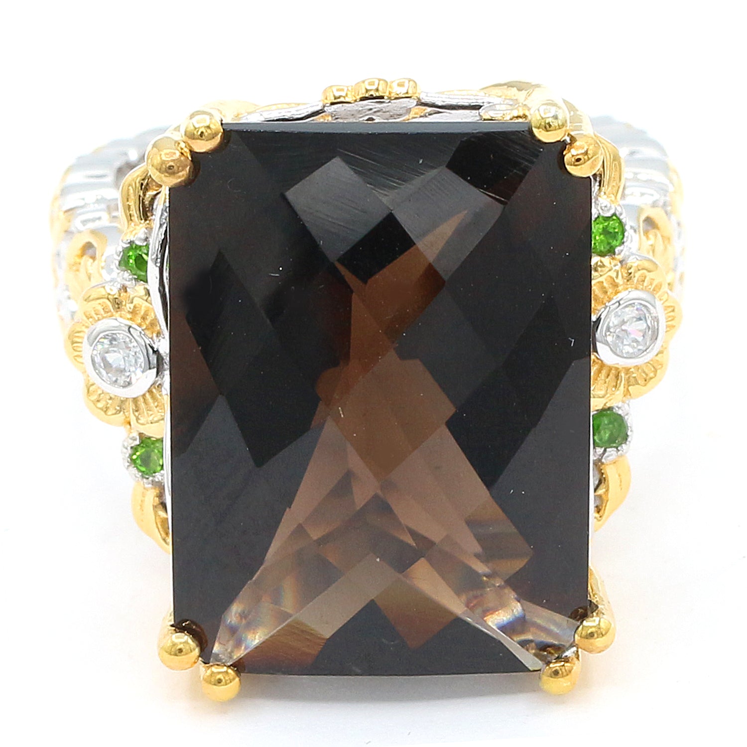 Gems en Vogue 18.24ctw Smoky Quartz, Chrome Diopside & White Zircon Honker Ring