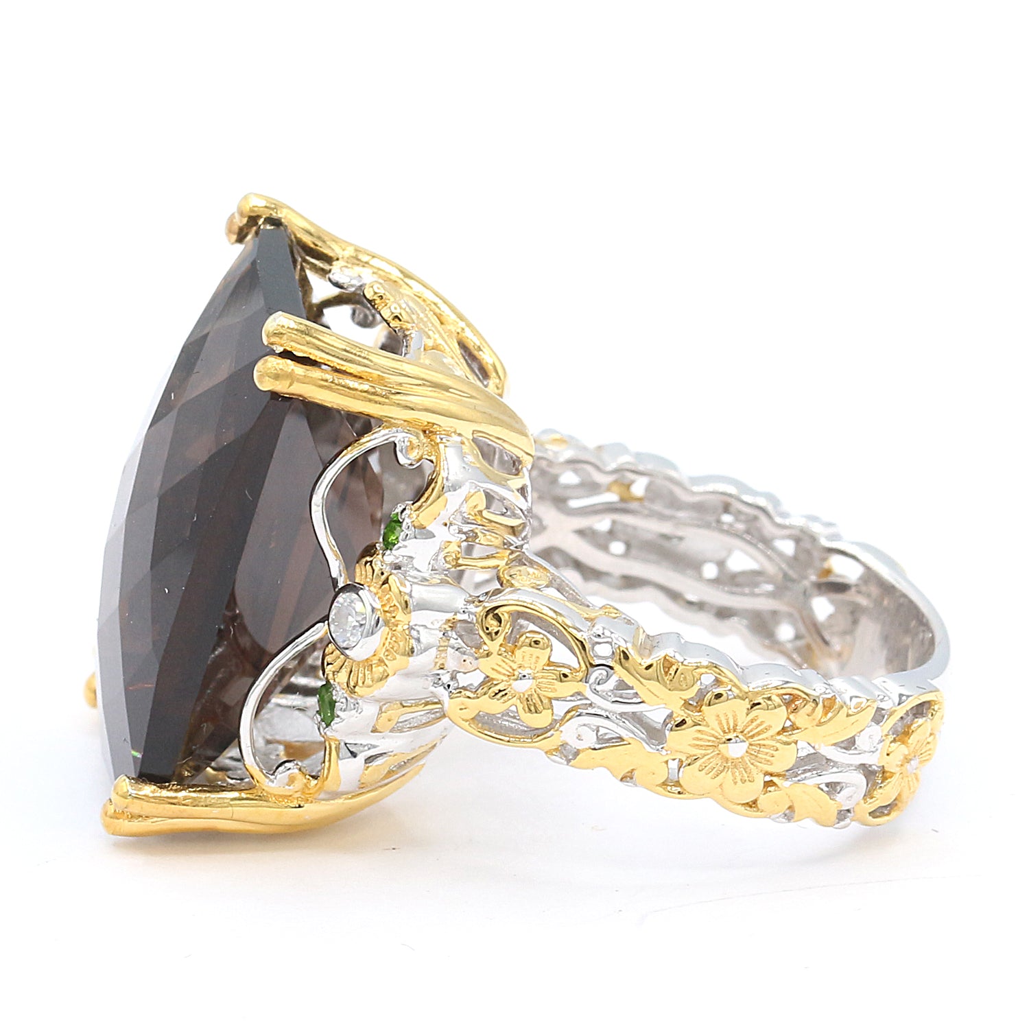 Gems en Vogue 18.24ctw Smoky Quartz, Chrome Diopside & White Zircon Honker Ring