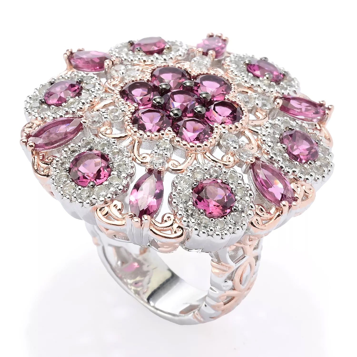 Gems en Vogue 7.58ctw Umba River Rose Garnet & White Zircon Flower Ring