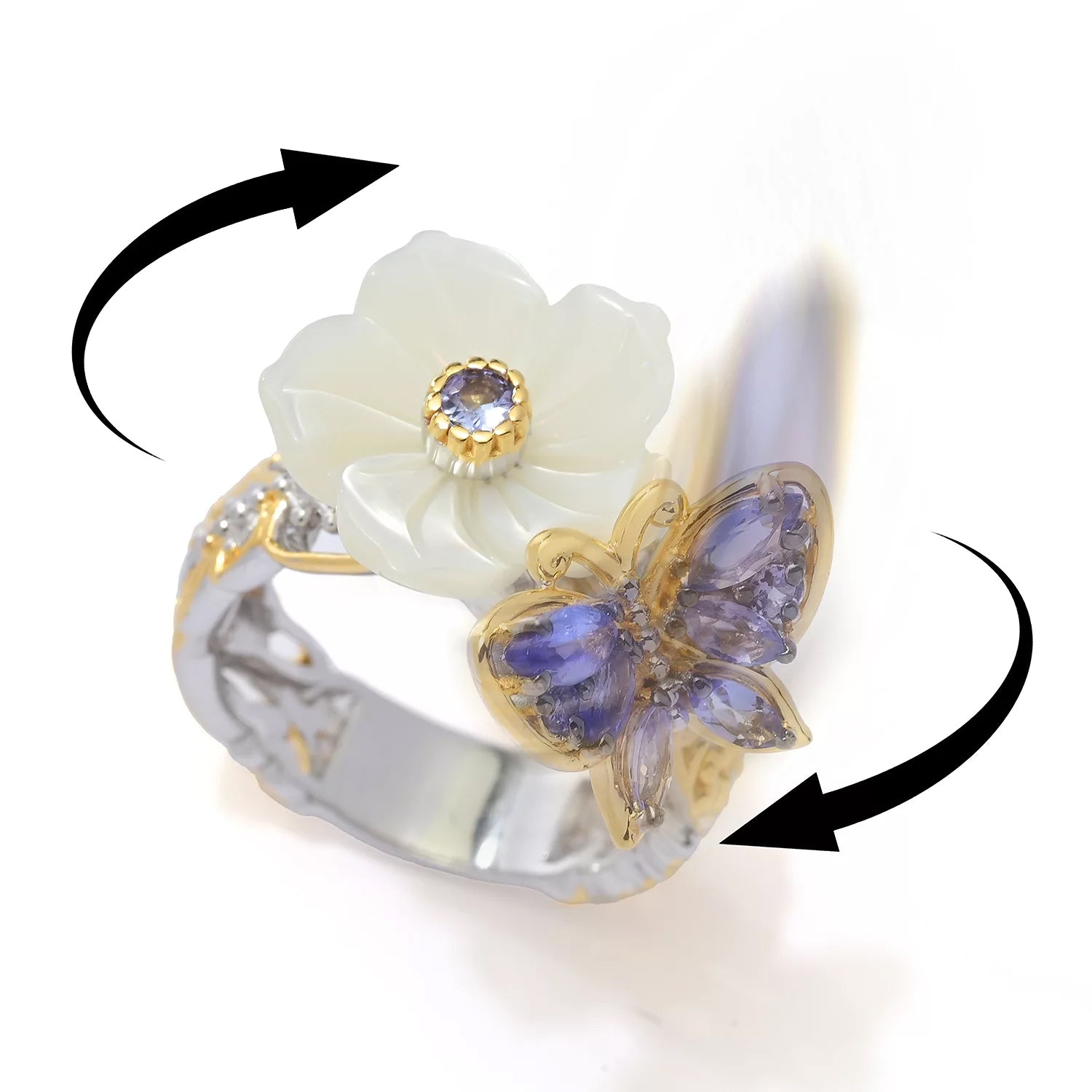 Gems en Vogue 0.76ctw Tanzanite & Mother-of-Pearl Butterfly & Flower Ring