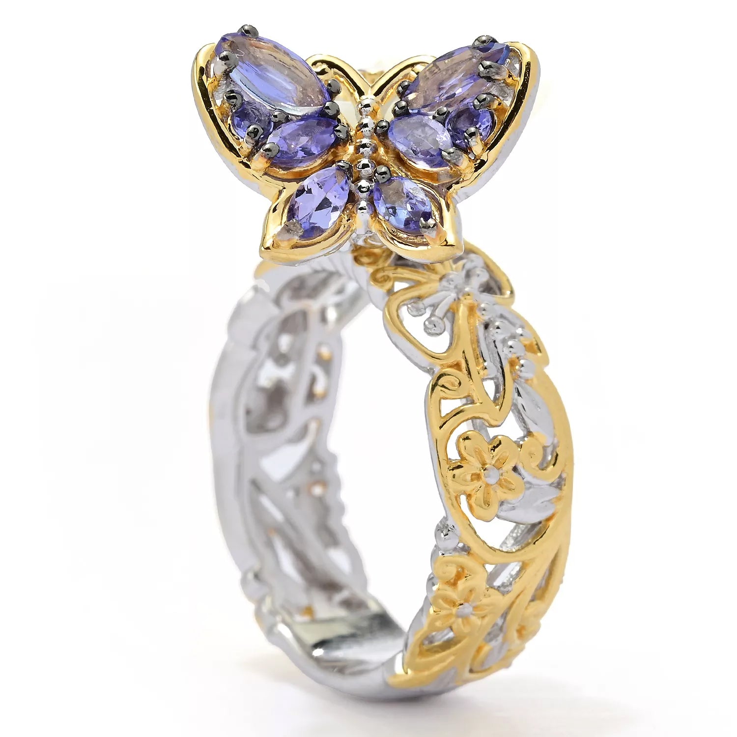 Gems en Vogue 0.76ctw Tanzanite & Mother-of-Pearl Butterfly & Flower Ring