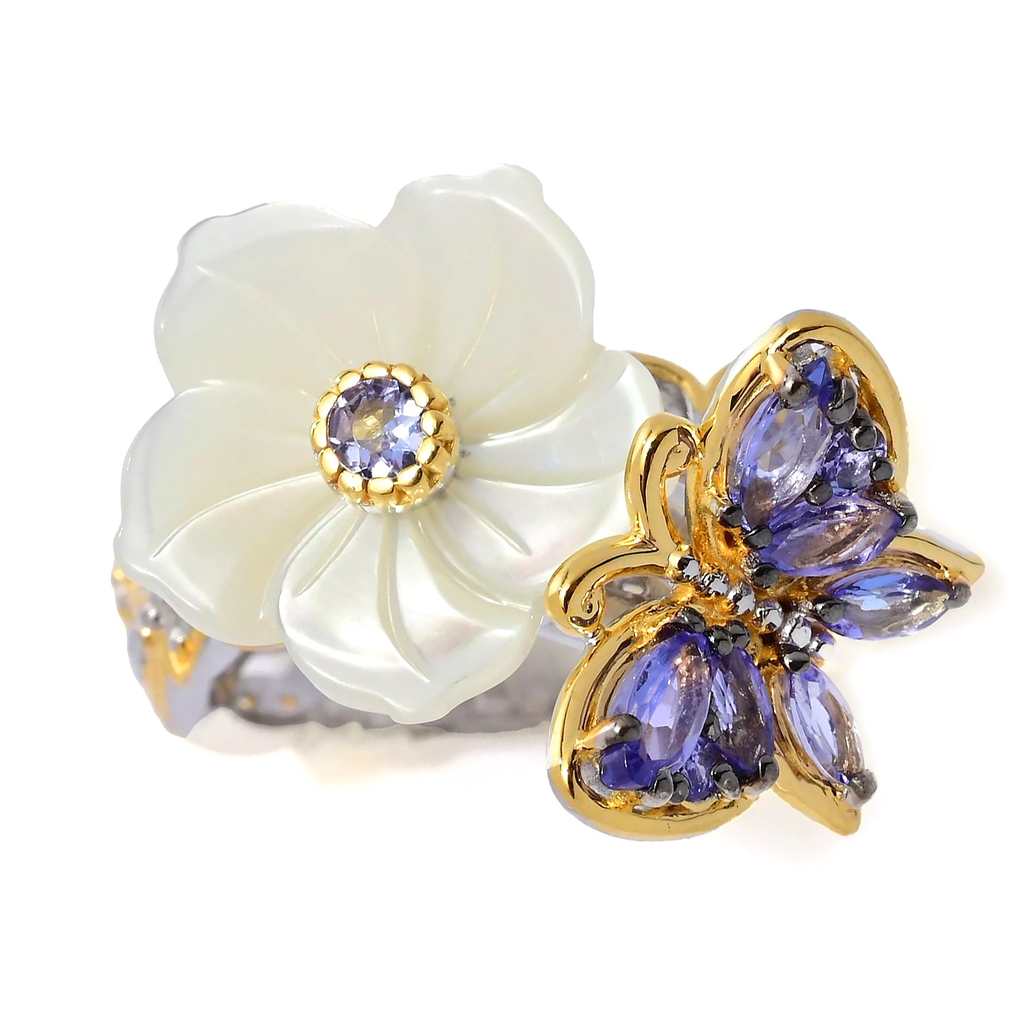 Gems en Vogue 0.76ctw Tanzanite & Mother-of-Pearl Butterfly & Flower Ring