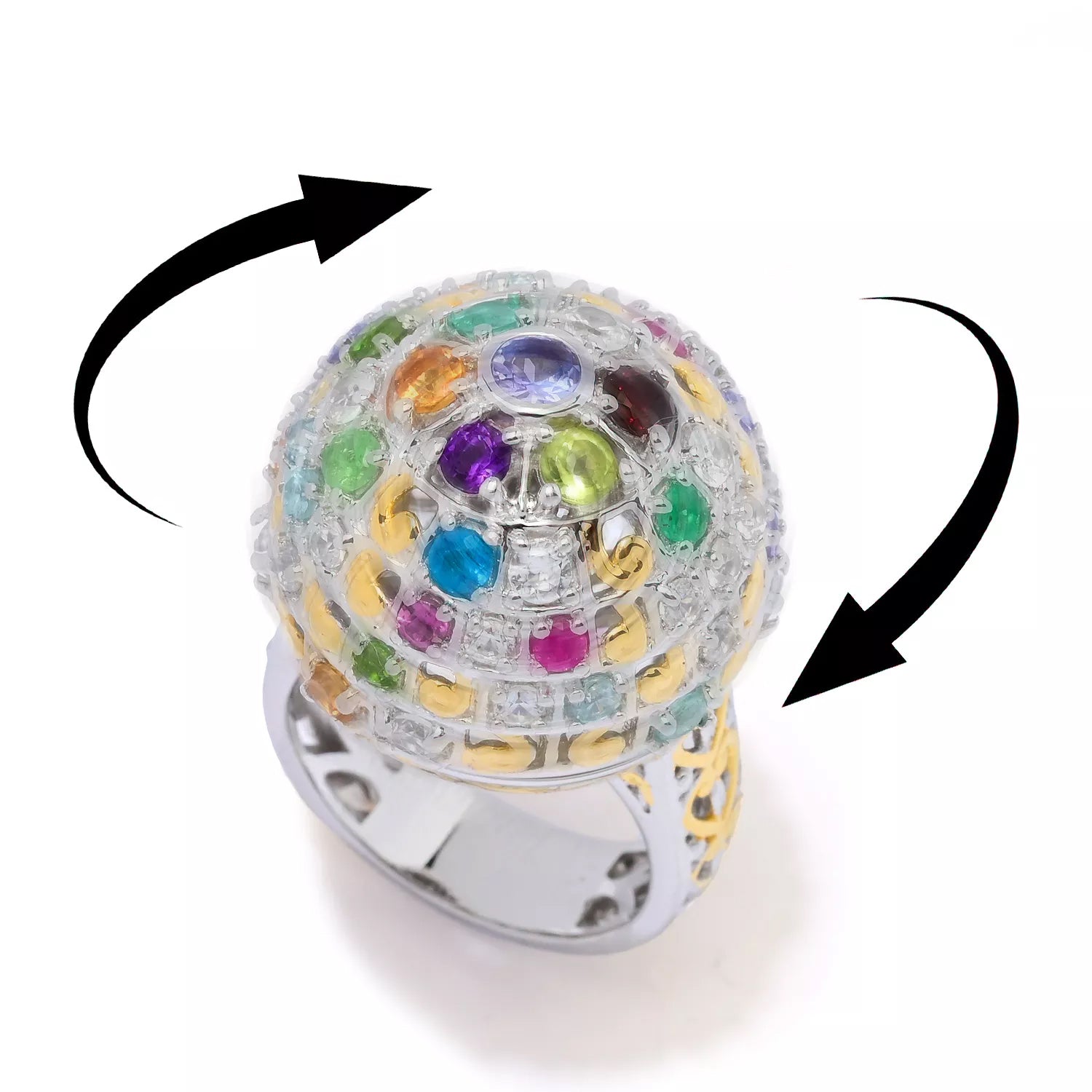 Gems en Vogue 3.80ctw Round Multi Gemstones Rainbow "Disco Ball" Spinner Ring