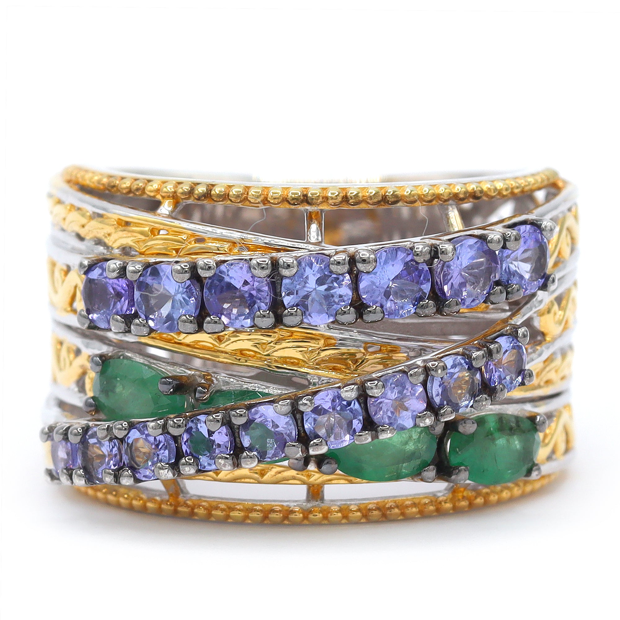 Gems en Vogue 24K Palladium Silver 2.41ctw Tanzanite & Grizzly Emerald Highway Ring