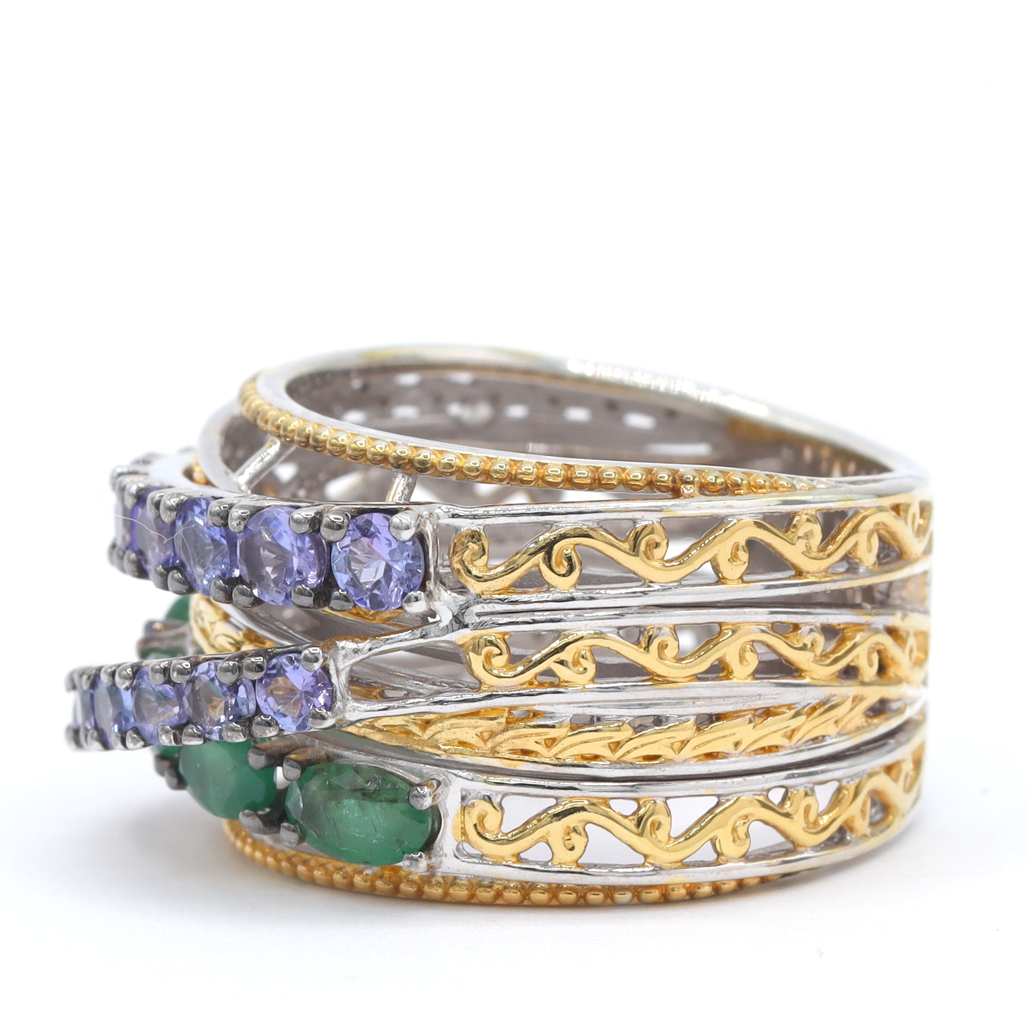 Gems en Vogue 24K Palladium Silver 2.41ctw Tanzanite & Grizzly Emerald Highway Ring